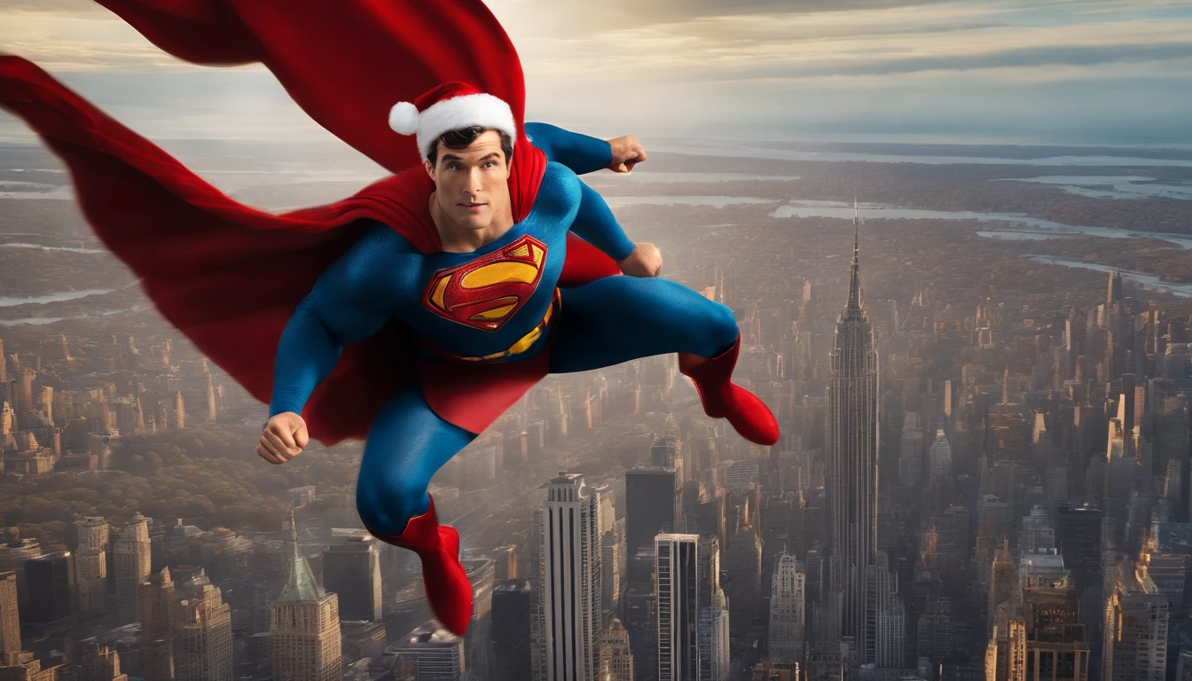 superman riding with santa claus in his seligh, flying over new york city