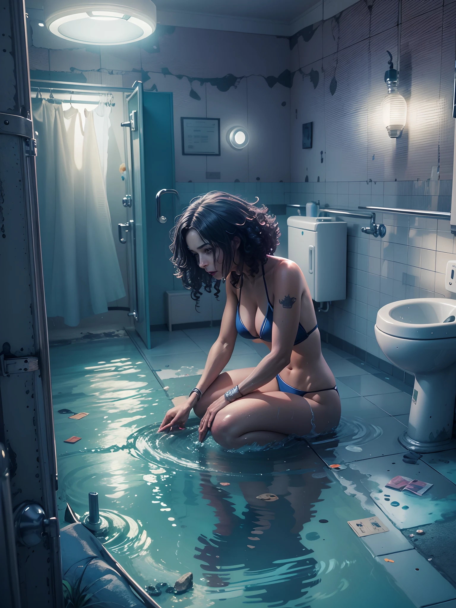 DSLR, F/2.8, Lens Flare, 5D, 16k, Super-Resolution . realistic style, key visual, vibrant, studio realistic, highly detailed A different mood whimsical full body view best quality, eerie masterpiece, monochromatic palette dominated by eerie shades of deep blue horror themed bathroom curly bikini girl sharp look, wide eyes, very dark lips, A fallen female kneels in anguish drenched in bathroom wet, translucent, emotional, oris vallejo art, Mysterious,stylish bikini to e bathroom in a vintage bathroom, perfect anatomy, highly detailed, graphic 3d model, render, comic art, graphic novel art, vibrant, detailed character