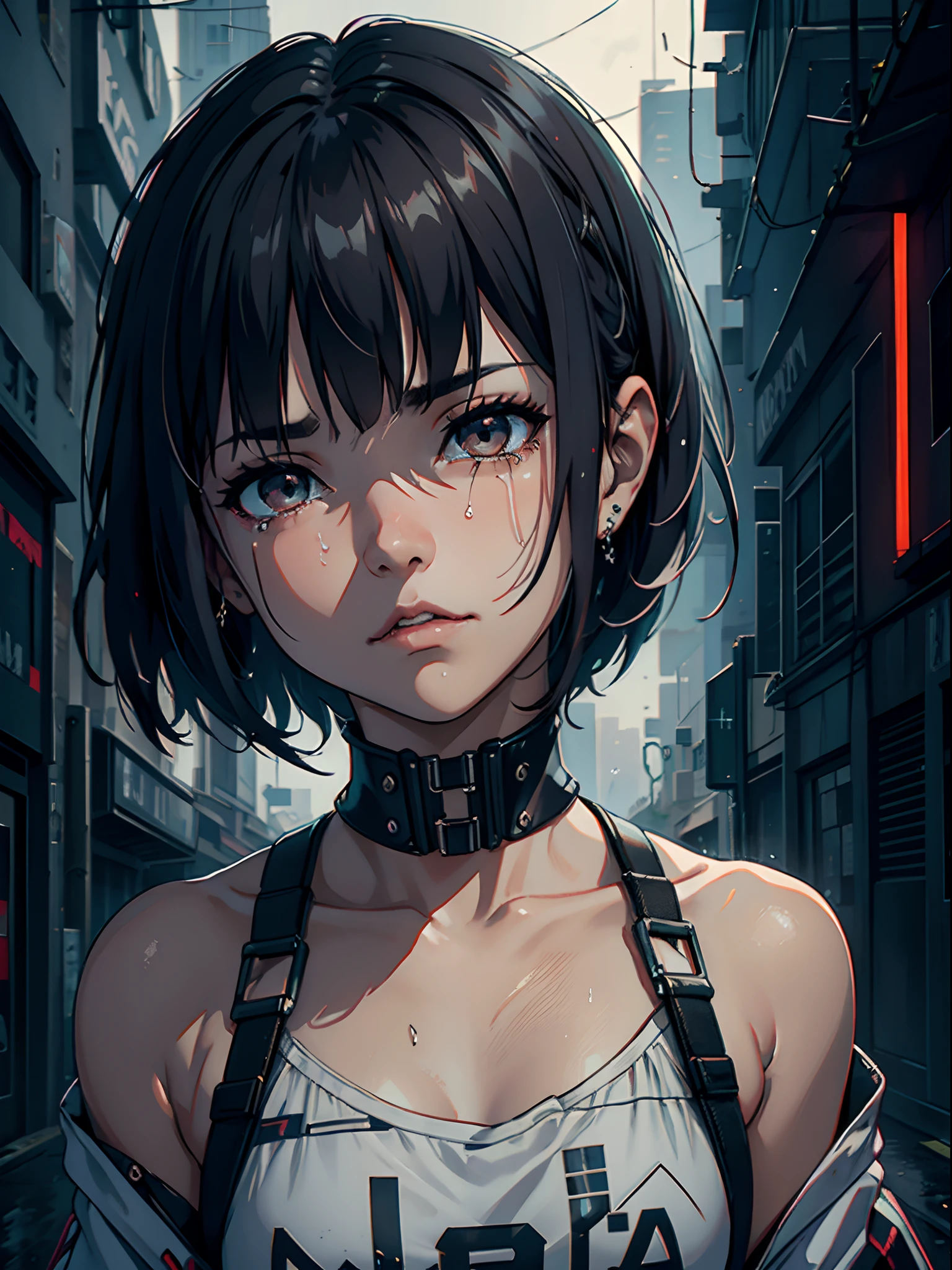 cyberpunk triste,chorar,darkeness,Rain sky,。.。.。.。.。.。.。.。.。.。.。.。.。.。.。.。.。.。.。.。.。.。.。.。...3d,Upscale,Hard disk,Loira Curta,is crying,de costas viradas