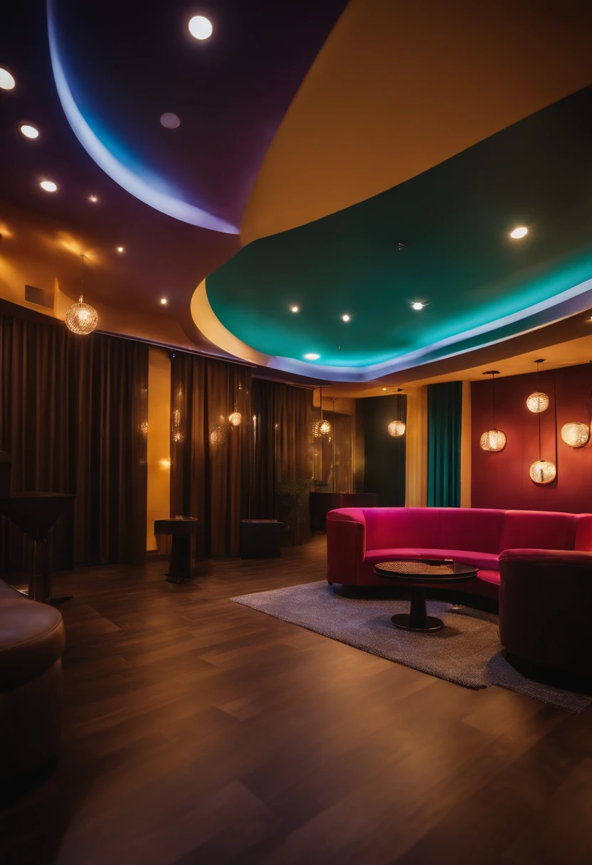Modern escape room reception area, spacious, bright lights, fun, colourful