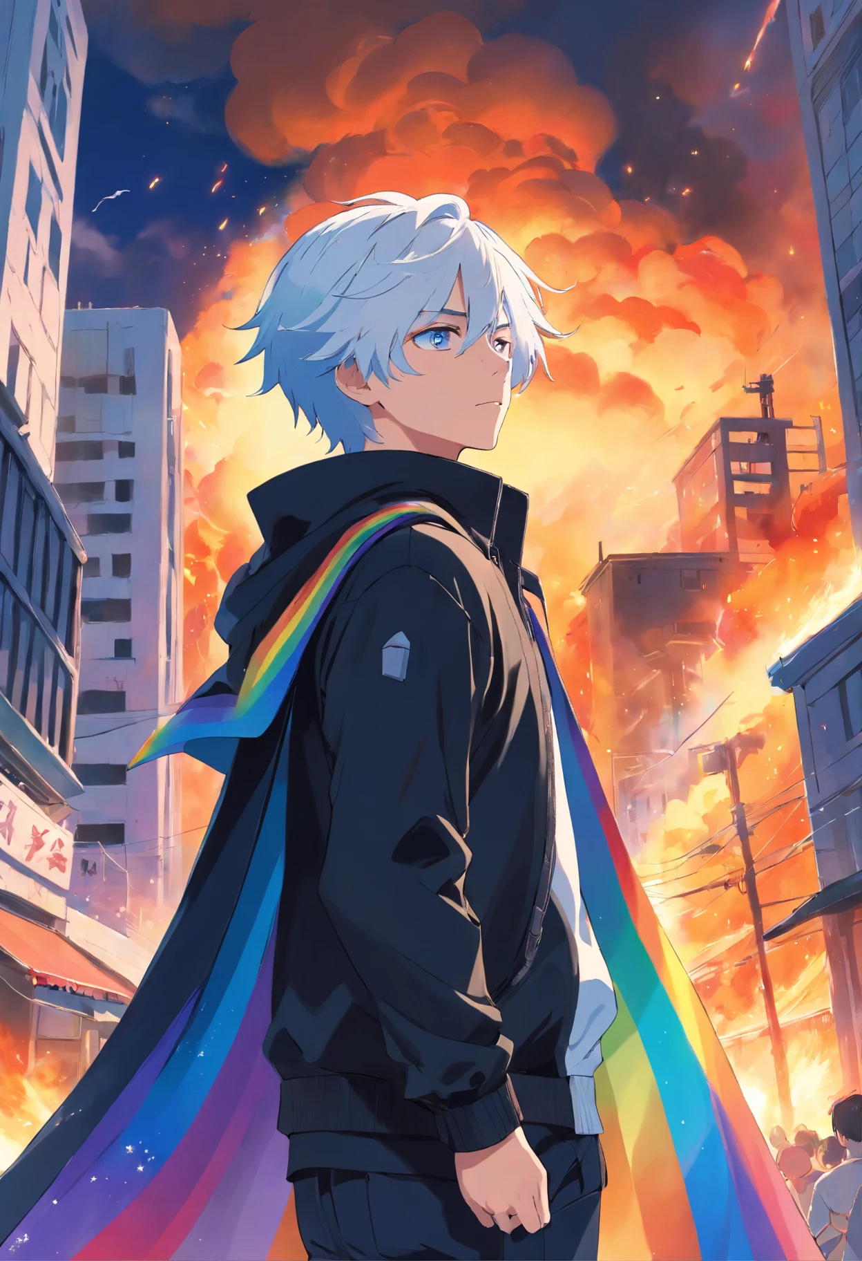 A young teenage man in black clothing with navy blue accents with a rainbow cape with white hair and colorful eyes on top of a burning black building