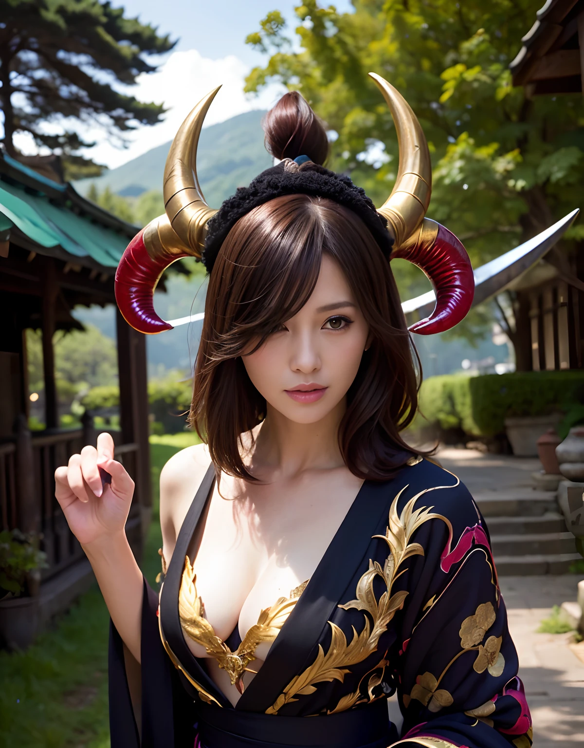 ((World of Darkness)),Professional , masterpiece、top-quality、photos realistic , depth of fields 、(sexypose)、(Red maple on full bloom background),(Ultimate Beauty)、A dark-haired、(shrine background)、(Kimono with beautiful pattern)、(Night background)、Beautiful hair ornament on the head、((Precipitous cliffs)),(Wear a beautiful kimono),(Wear a beautiful kimono with colorful floral patterns)、Jewel Gold Weapon、Particles of light),(Wearing a wizard's hat)、Gorgeous gold weapons ,Castle background、(( Gorgeous Dragon Sword)) , (a dark night),,(maikurobikini) 、((Black Haired Beautiful Girl))、(Castle background)、(demonic wings)、((Gangle's forest background))、Beautiful Caucasian beauty、1a person、dynamic ungle,(((Two devil's horns on the head)))、Smaller head、Idle Smile、Thin and beautiful female hands、Mystical expression、Light Effects、intense fighting、Wind-effect、magic circles、With the legendary magic wand、Dragon's tail、