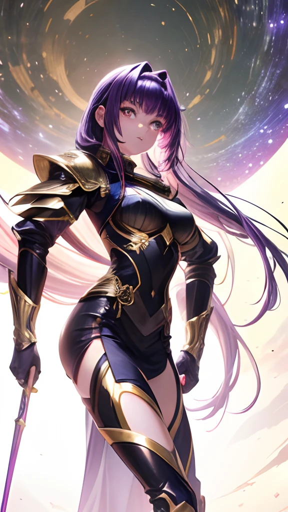 masterpiece, best quality, 8k, hi res,  1girl, glowing eyes, long cosmic star hair, purple hair, shining hair, black armor,