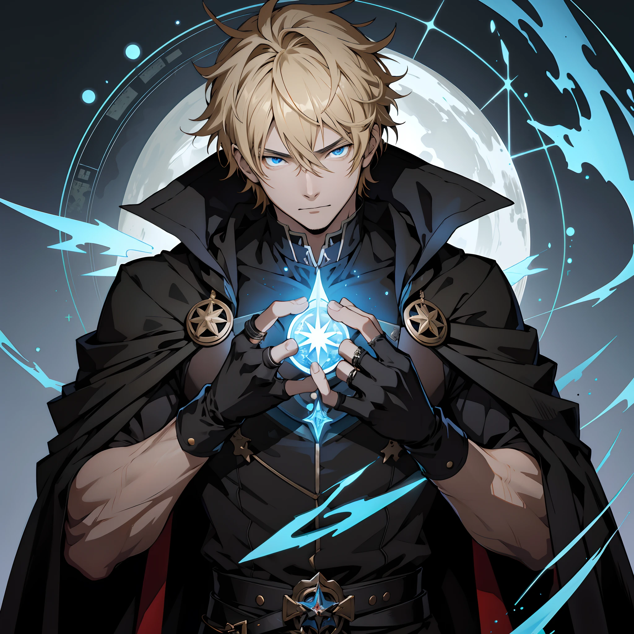 Trending on artstation pixiv, anime guy with bright eyes, unsual eyes, best anime 4k, zerochan art, key anime art, [[[[grinning evily]]]], Mage, masterpiece, Magic, Magic circle, (gray skin), muscular, open shirt, solo, rings, good anatomy, detailed hands, detailed eyes, (male), Black cat, Black Wizard clothes, blue eyes, blonde hair, pubic hair on the groin, Black cloak, Black gloves