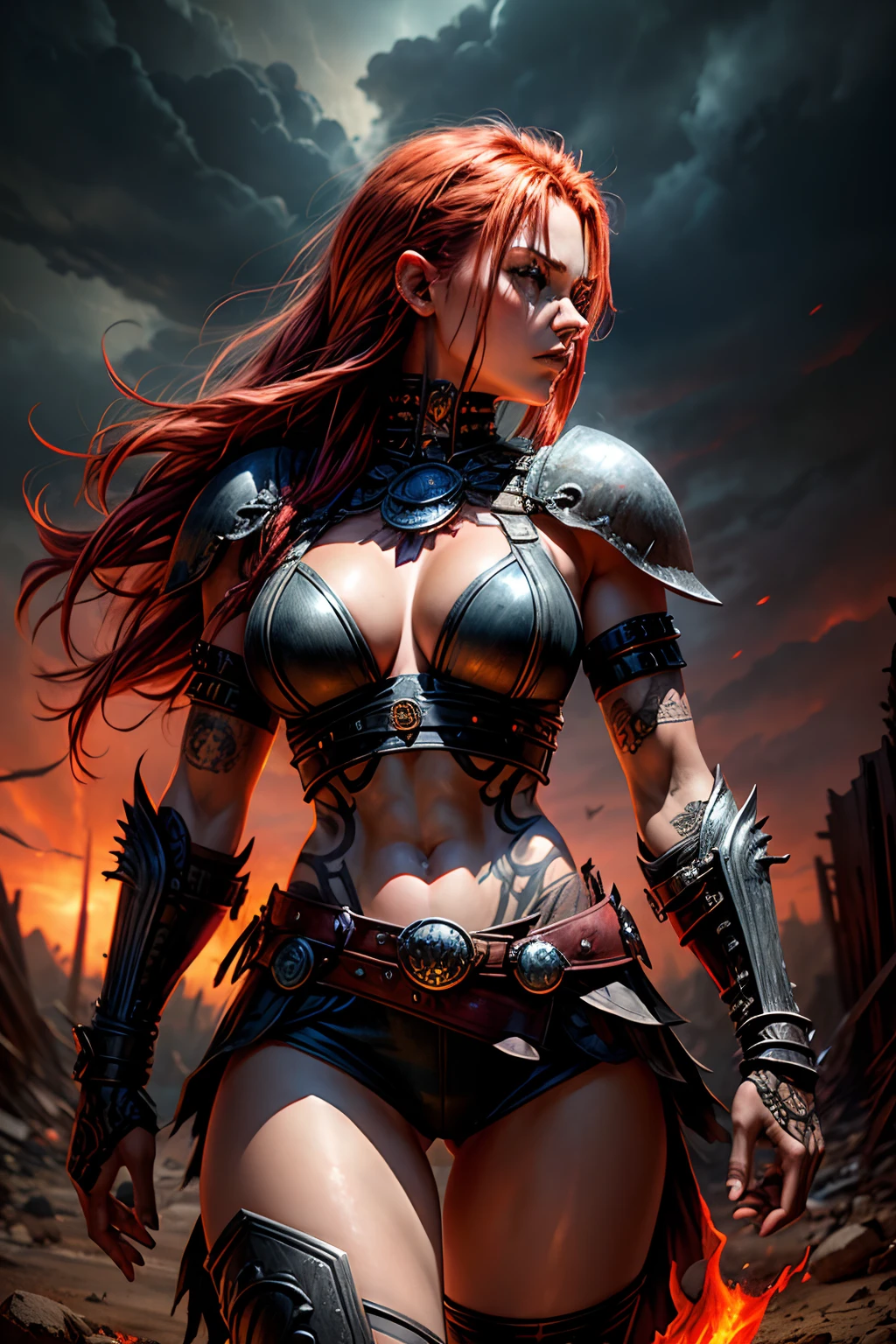 Illustrate a fierce warrior woman with fiery, flame-colored hair (Hair: flame-colored), piercing sapphire eyes (Eyes: piercing sapphire), and intricate tribal tattoos (Tattoos: tribal) adorning her arms. She's clad in battle-worn leather armor (Clothing: leather armor) that exudes strength and resilience. The battleground is a post-apocalyptic wasteland (Environment: post-apocalyptic wasteland) with a blood-red, stormy sky (Lighting: stormy), adding to the intensity of the scene. The artwork should capture her determination and the harsh world she navigates.