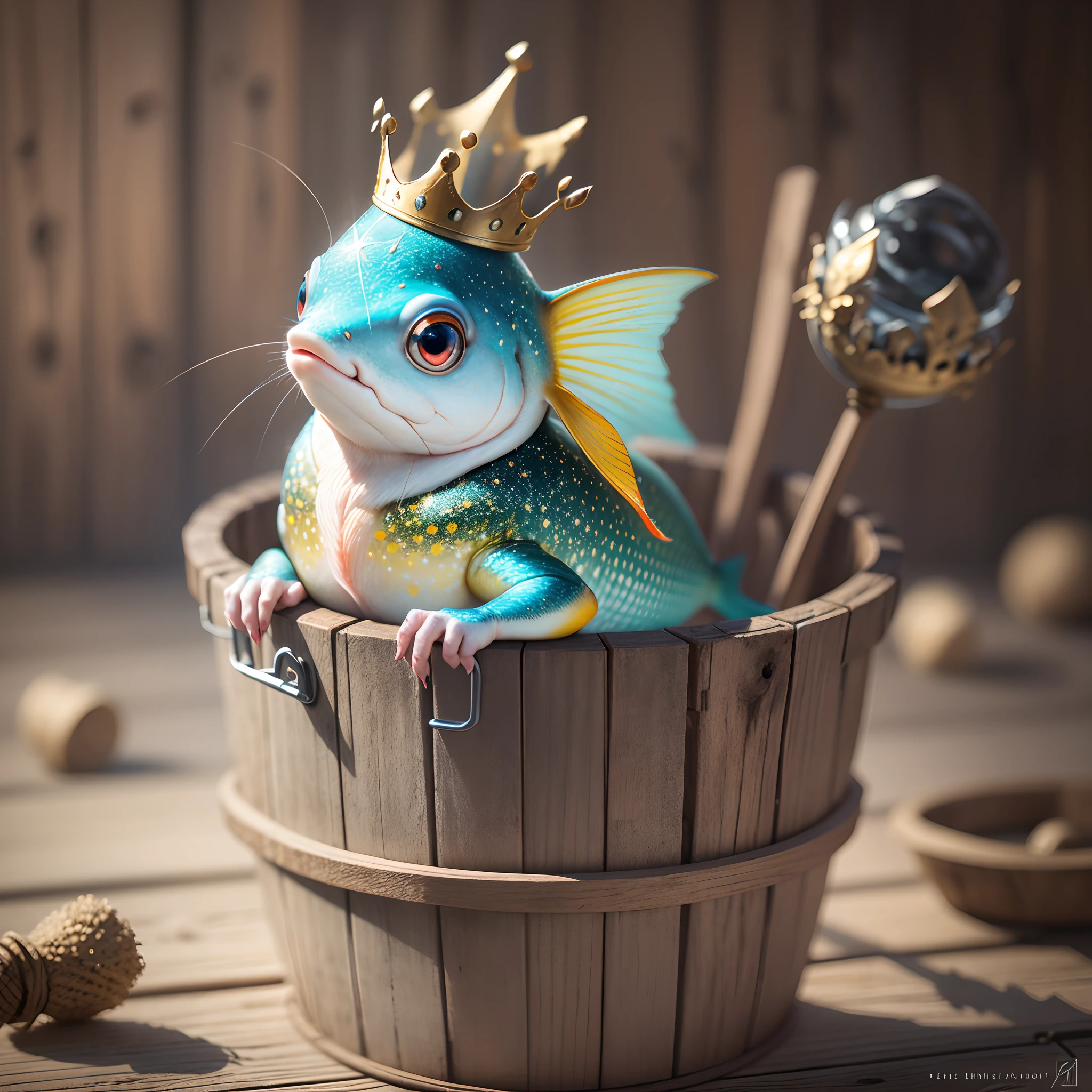Russian fairy tale. A cheerful pike fish sits in a large wooden bucket and sticks its head out. A sparkle in the eye. There is a crown on the head. close-up. super realistic. cinematic. Blurred rustic background. light haze. --auto --s2