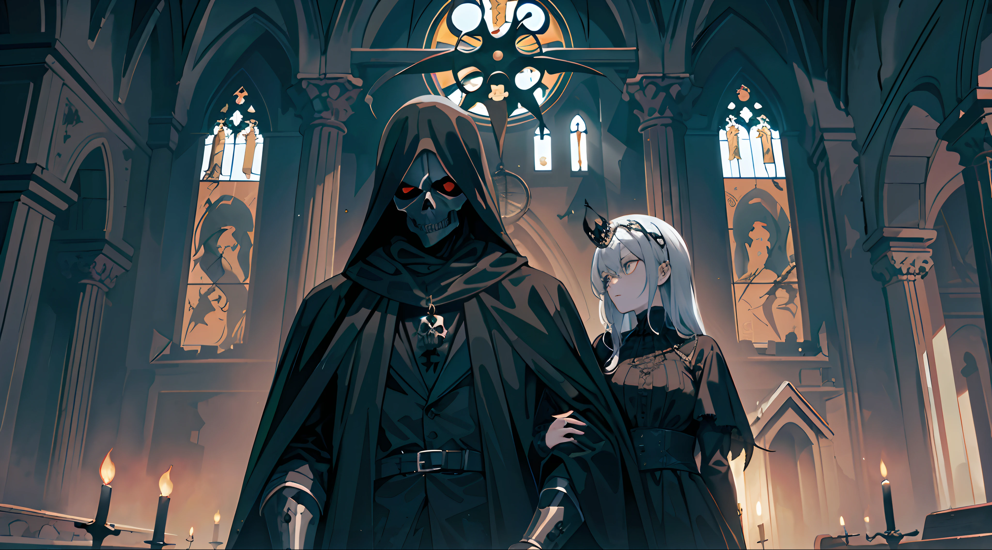 (Ultra detailed), (masterpiece), (best quality), (very detailed CG unit 8k wallpaper), a shadowy being with ((black skull face)) in a medieval church, chains on his clothes, (((mostly black Gothic)) a golden and rusty crown on his head, a window illuminates the place with a dim moonlight (abandoned church), concept art, soft light, dimly lit, dark tones, dark, cinematic, ((horror)), highly detailed, stylized wallpaper, professional stroke.