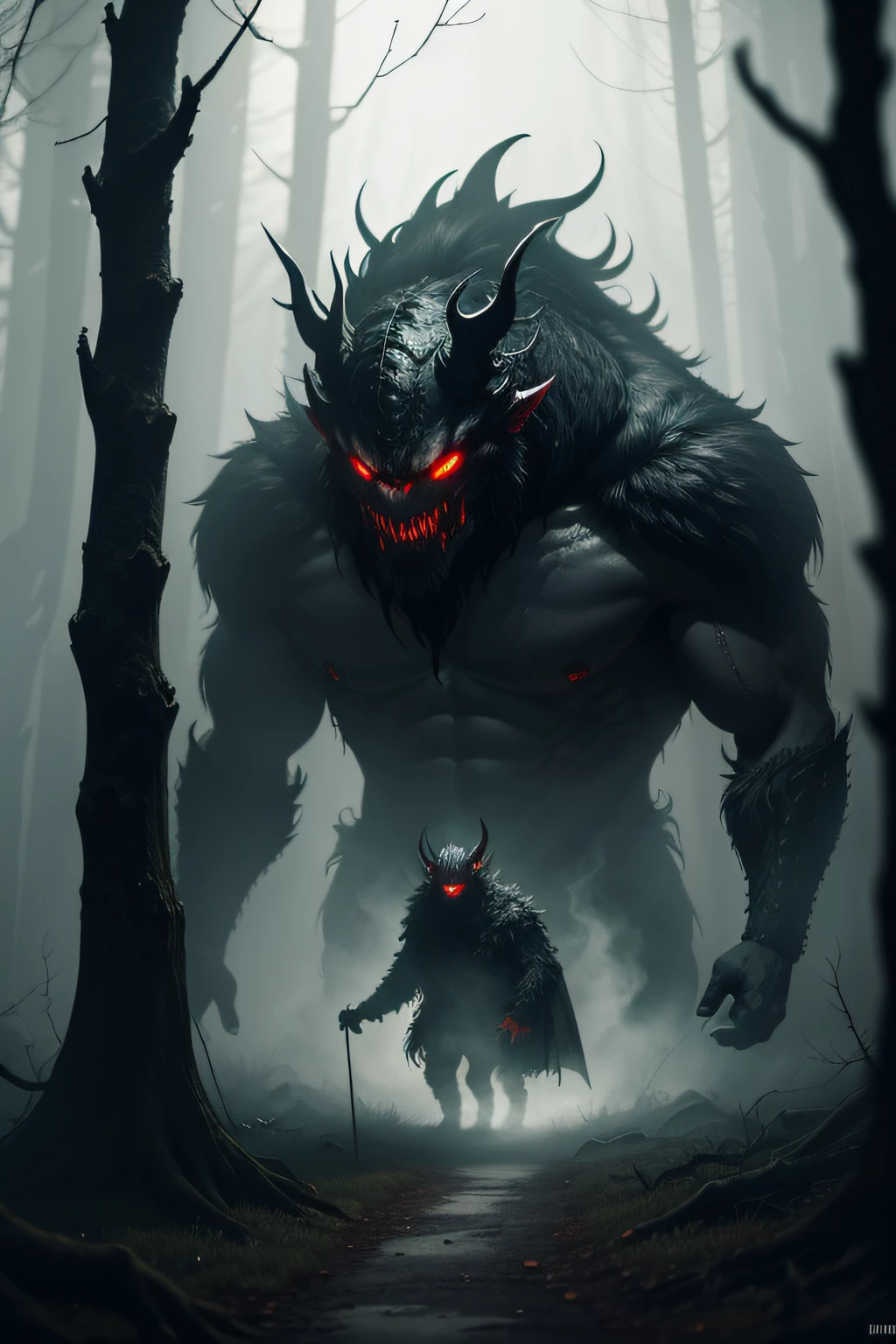 In a gloomy and cold dark forest, with fog, a realistically horrible and highly detailed scary monster comes out of the shadows to hunt its prey. His red eyes pierce the night