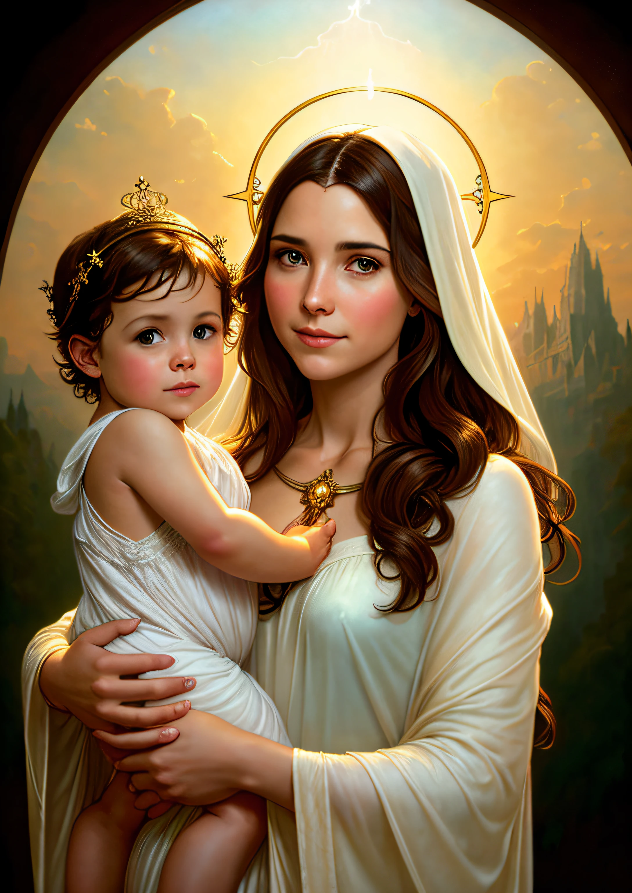 masterpiece, woman and , holy virgin mary with littlin her arms, ((halo over head)), smiling, heavenly sky, half body, ((divine light)), ethereal, clouds, back lighting, realistic portrait, symmetrical, strong, intricate drawing, highly detailed, digital painting, art station, concept art, fluid, sharp focus, illustration, against heaven's gate, cinematic lighting, works by artgerm and greg rutkowski and alphonse mucha