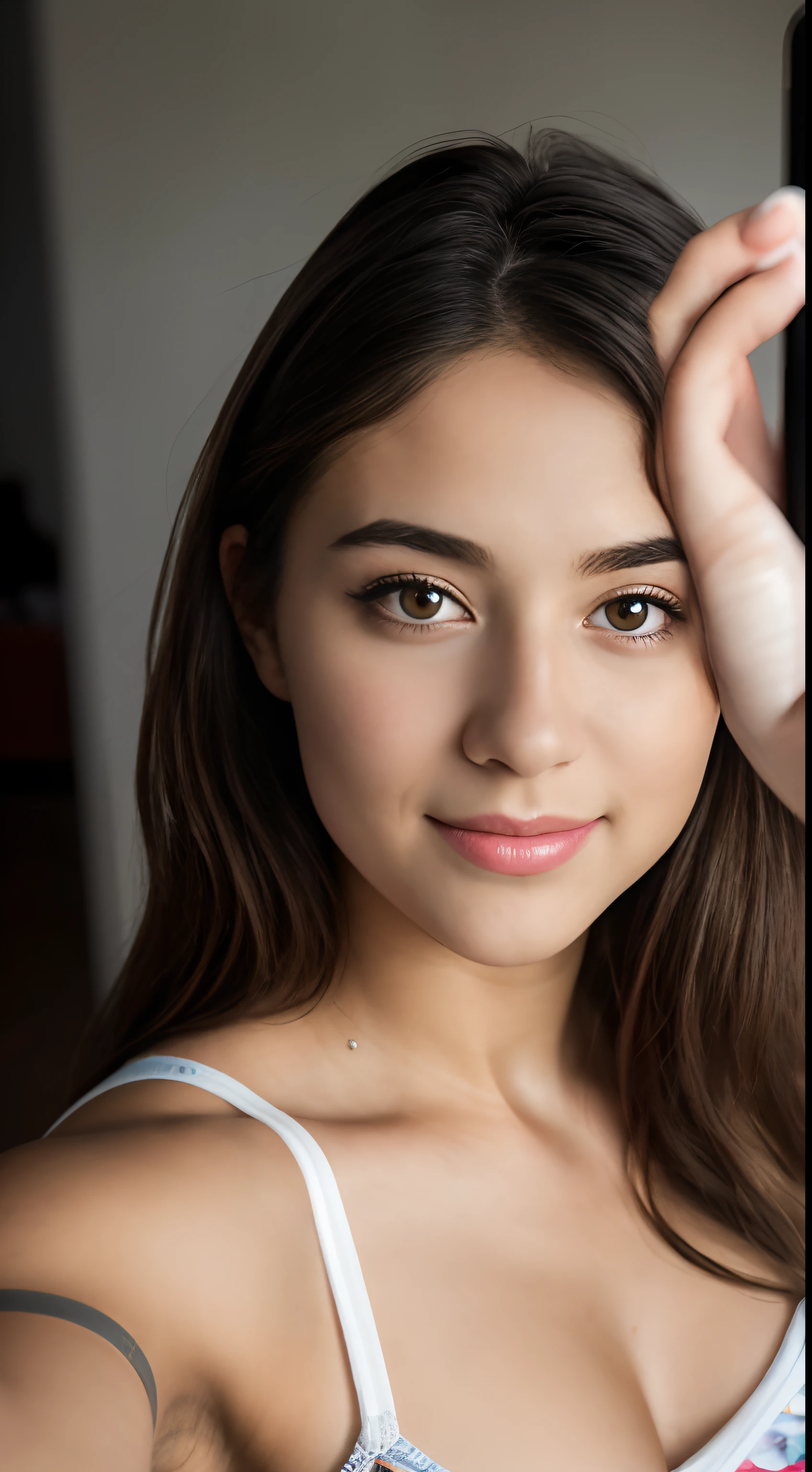 Sequenced RAW photo, a photo of a 16-year-old, ((selfie du haut du corps, Content)), doigt mordant, face detailed, Slightly blurred detailed backgrounds, natural lights, Hdr, photo realist, Photo professionnelle, flirter avec le spectateur, visuel sexy, Fotorrealista, Linda, peau naturelle, 8K UHD, highly quality, grain filmique, Fujifilm XT3