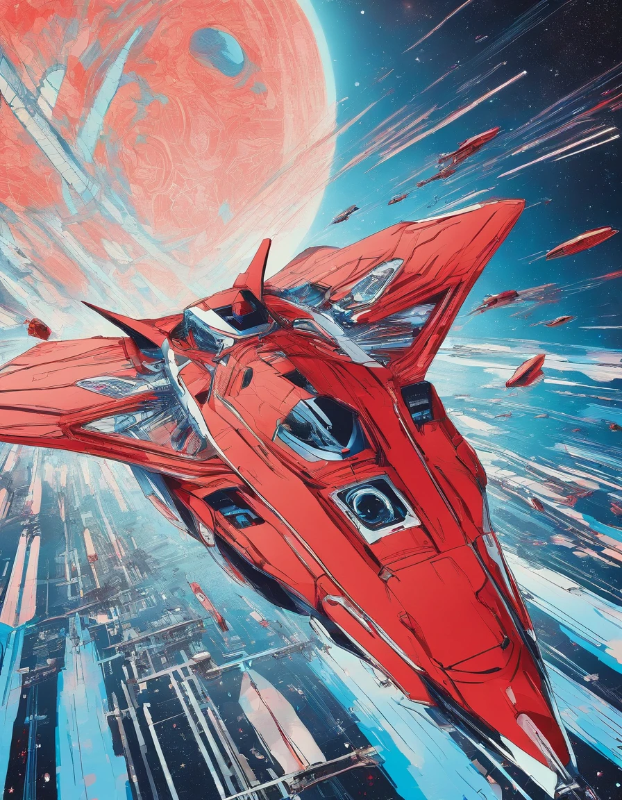 red arrow flies through blue space, red shining trail, hope and melancholy