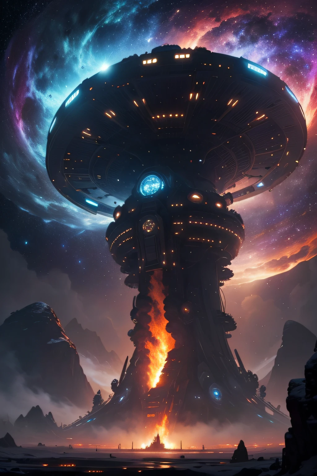 In a dark and cold universe, a frightening and gigantic alien mothership prepares to attack a rival colony. The scene is very detailed, the lights are magnificent and a lot of detail of the galaxy is visible