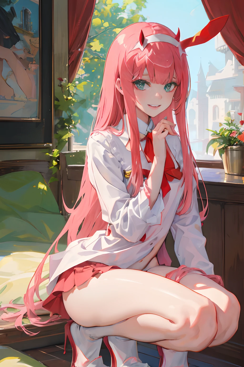 zero two/(darling in the franx/), small horns, green eyes, 1girl in、A smile、Underwear、Cute underwear、Upper body portrait、Squatting panchira、