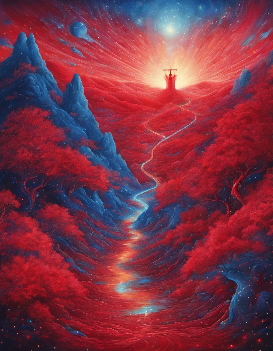red arrow flies through blue space, red shining trail, hope and melancholy