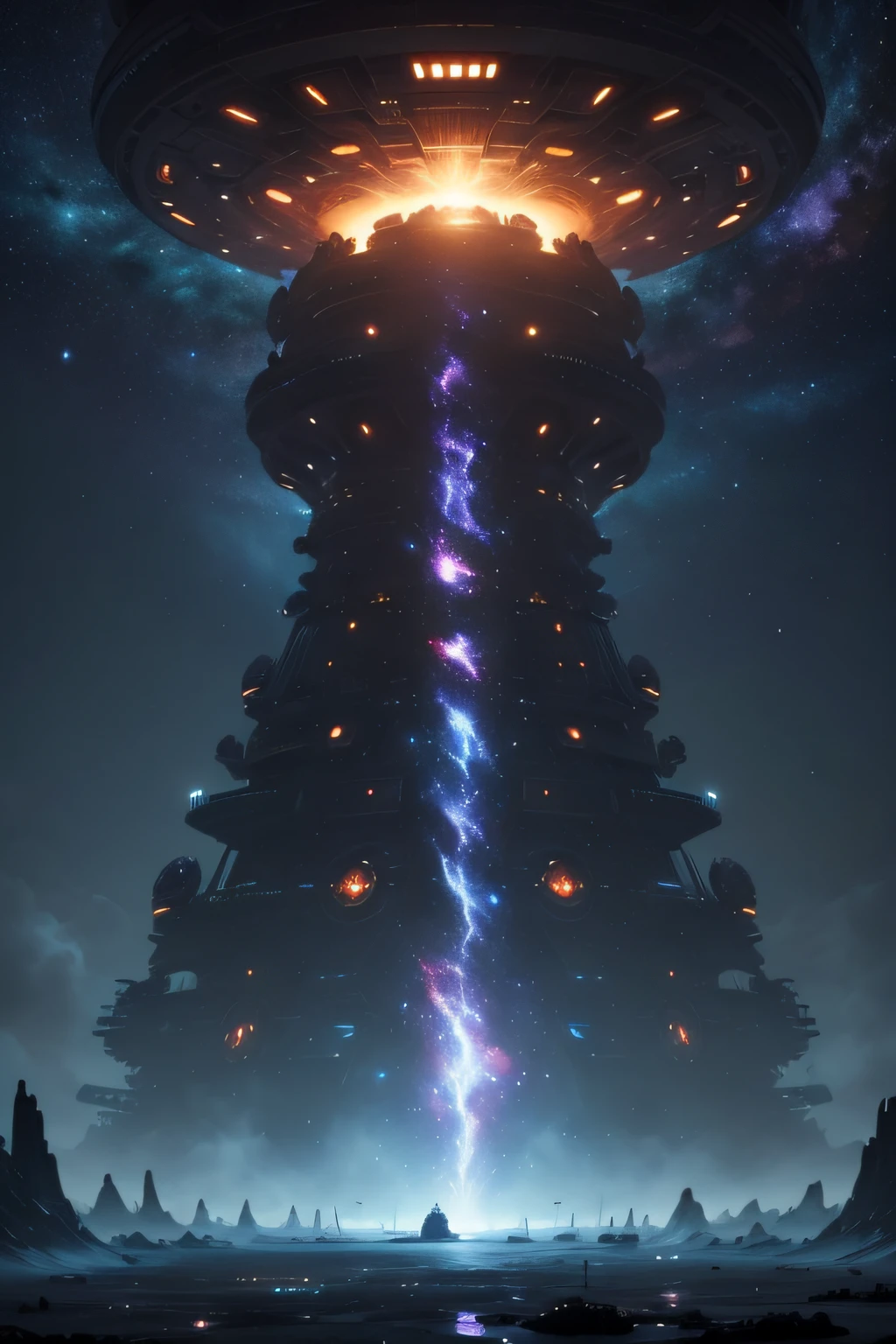 In a dark and cold universe, a frightening and gigantic alien mothership prepares to attack a rival colony. The scene is very detailed, the lights are magnificent and a lot of detail of the galaxy is visible