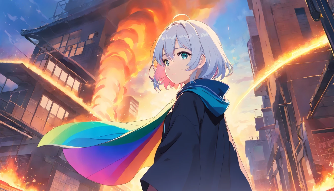 A young teenager in black clothes with navy blue accents in a rainbow cape with white hair and colorful eyes atop a burning black building