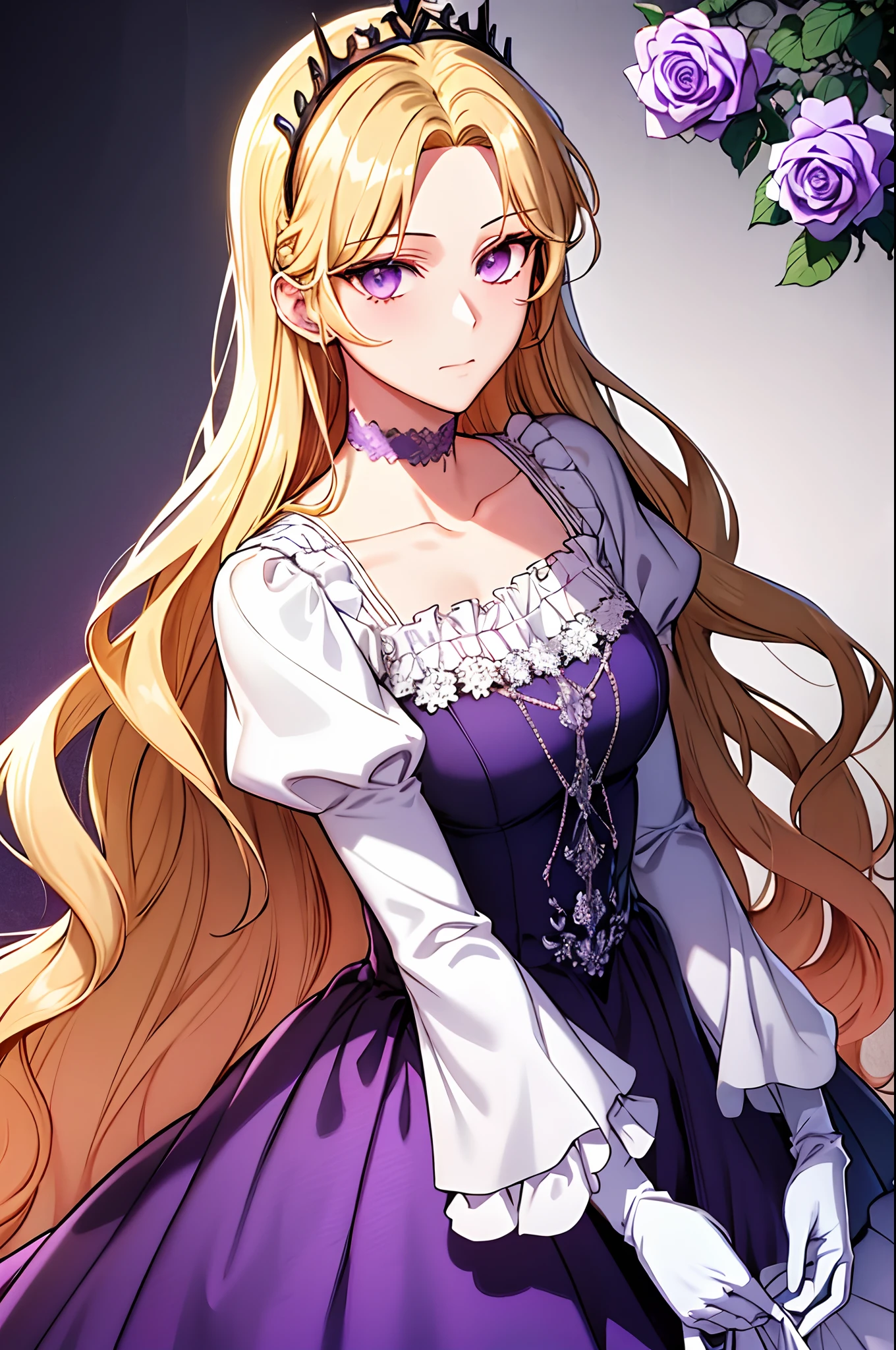 shoujo style, floral background, romance manhwa, 1girl, blonde hair, solo, long hair, flower, dress, tiara, white dress, gloves, long sleeves, choker, purple eyes, white gloves, purple bow, purple flower, wavy hair, standing, bow, jewelry, looking at viewer, white background, closed mouth, collarbone, puffy sleeves, own hands together, upper body, parted bangs, very long hair, purple dress, frills, bangs, cowboy shot