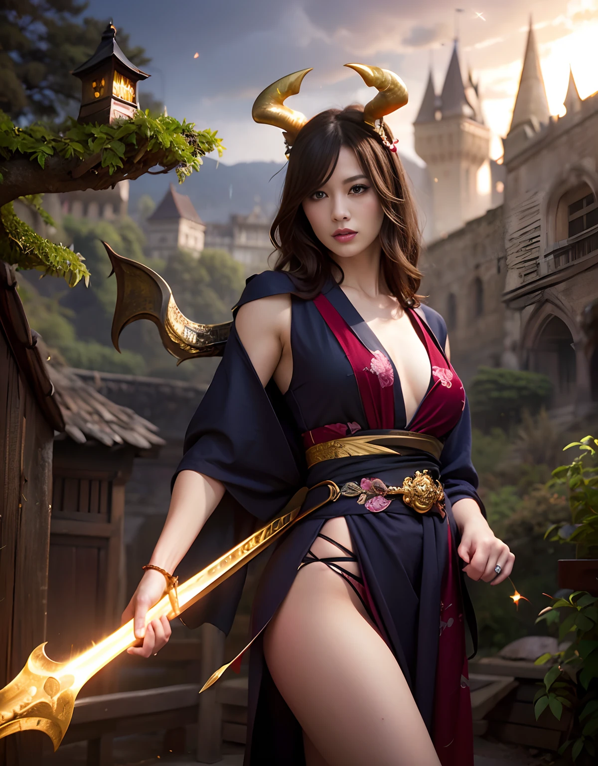 ((World of Darkness)),Professional , ​masterpiece、top-quality、photos realistic , depth of fields 、（sexypose）、(Red maple on full bloom background),（Ultimate Beauty）、A dark-haired、（shrine background)、（Kimono with beautiful pattern）、（Night background）、Beautiful hair ornament on the head、（（Precipitous cliffs））,(Wear a beautiful kimono),（Wear a beautiful kimono with colorful floral patterns）、Jewel Gold Weapon、Particles of light),(Wearing a wizard's hat）、Gorgeous gold weapons ,Castle background、（（ Gorgeous Dragon Sword）） , （a dark night）,,（maikurobikini） 、（（Black Haired Beautiful Girl））、（Castle background）、（demonic wings）、（（Gangle's forest background））、Beautiful Caucasian beauty、１a person、dynamic ungle,(((Two devil's horns on the head)))、Smaller head、Idle Smile、Thin and beautiful female hands、Mystical expression、Light Effects、intense fighting、Wind-effect、magic circles、With the legendary magic wand、Dragon's tail、
