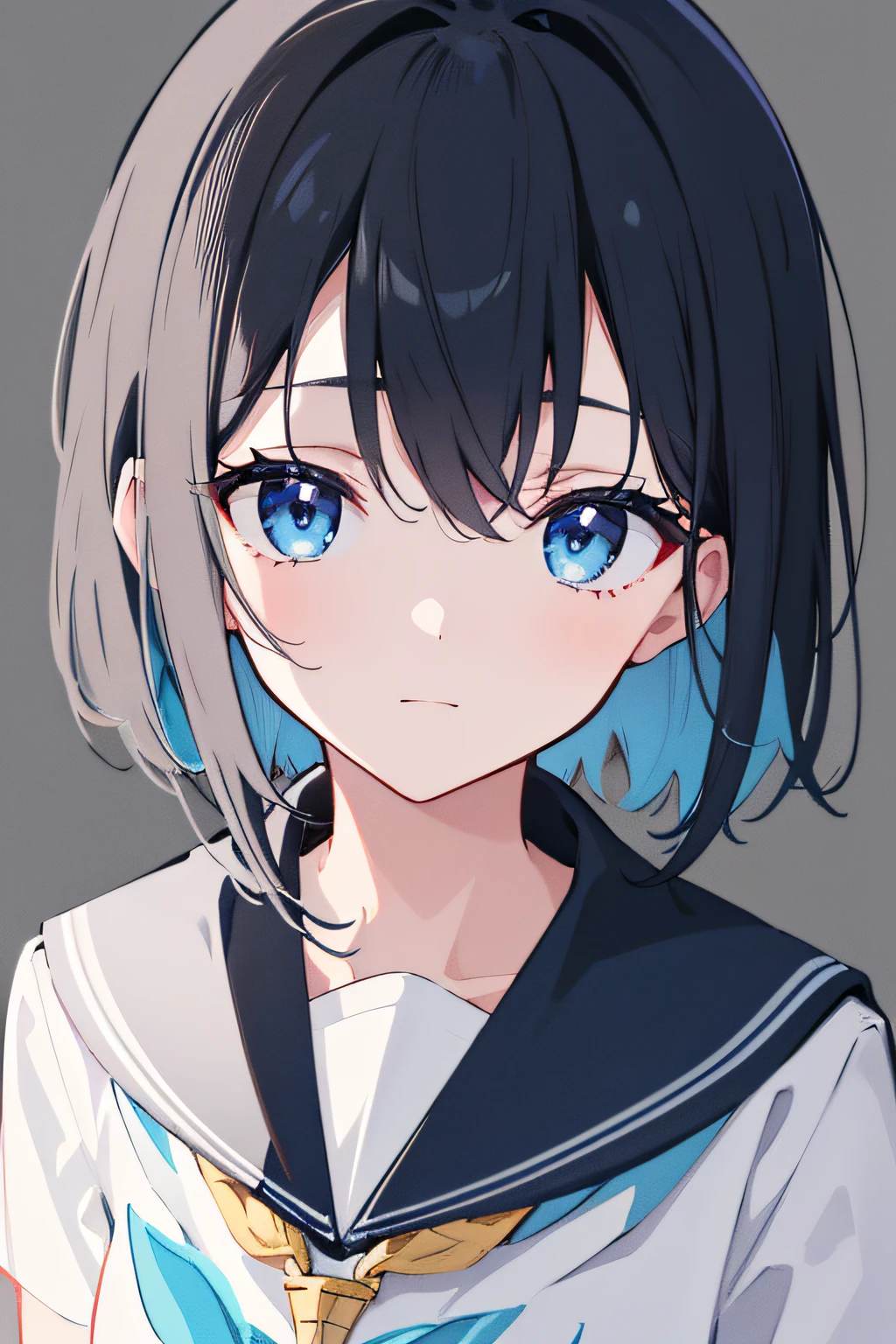 A student wearing a sailor-style outfit, with short hair and a bang in the color of black hair with a light blue undertone peeking through. She is wearing a golden fish-shaped amulet. (best quality, highres, ultra-detailed), (portraits, anime), vivid colors, studio lighting.