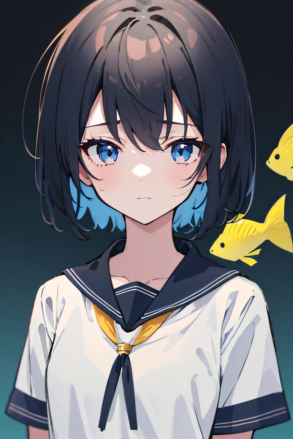 A student wearing a sailor-style outfit, with short hair and a bang in the color of black hair with a light blue undertone peeking through. She is wearing a golden fish-shaped amulet. (best quality, highres, ultra-detailed), (portraits, anime), vivid colors, studio lighting.