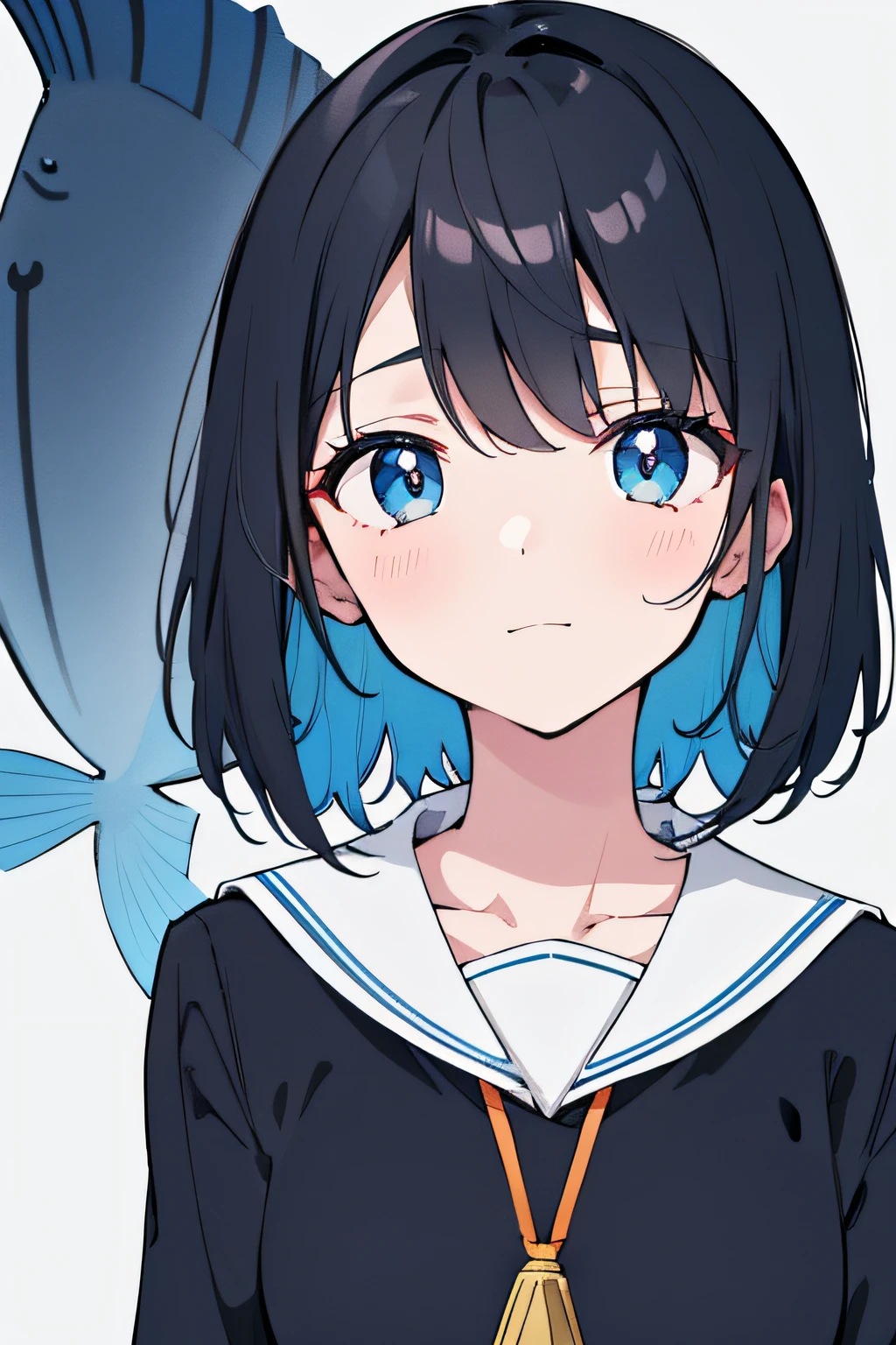 A student wearing a sailor-style outfit, with short hair and a bang in the color of black hair with a light blue undertone peeking through. She is wearing a golden fish-shaped amulet. (best quality, highres, ultra-detailed), (portraits, anime), vivid colors, studio lighting.