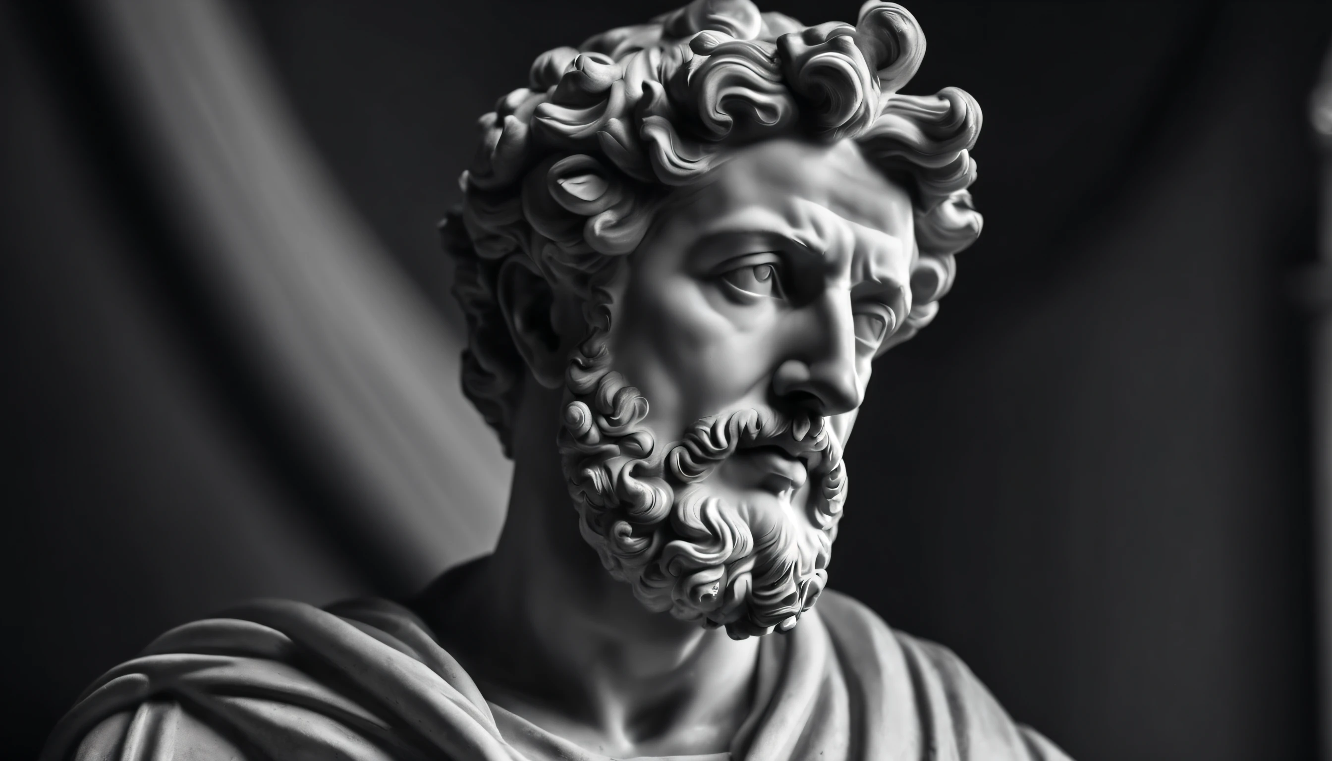 a portrait statue of the stoic Marcus Aurelius in black and white 4K,Face de lado, papel de parede super realista