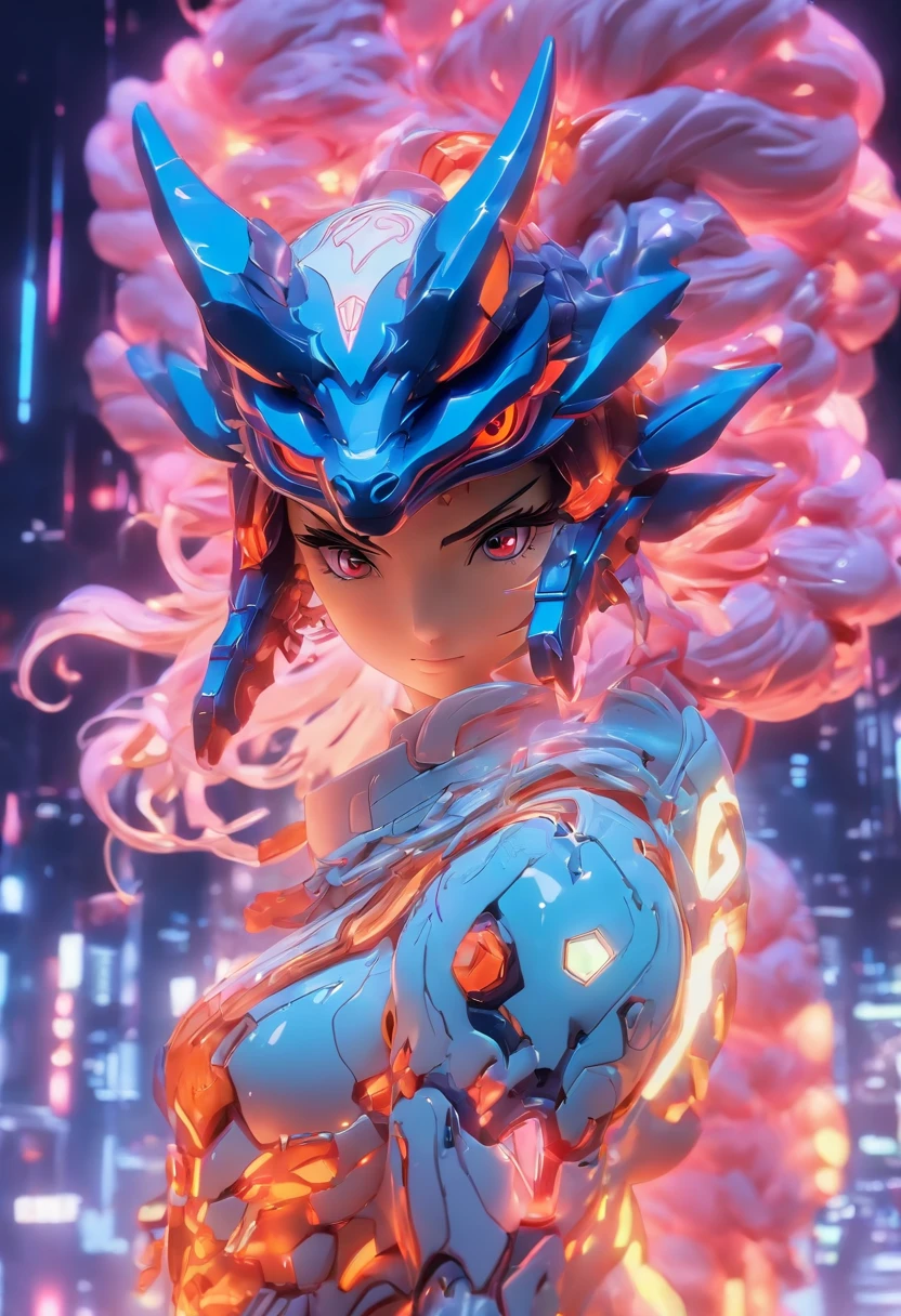 ChinesischDrache, (Blind Box Spielzeug Stil:1.2), (full-body shot) , 1 Transparent Girl,Hinter ihm steht ein durchsichtiger chinesischer Drache, Transparenter Mech, Exquisiter Helm:1.2, Leuchtende Brille:1.2, Cyberpunk, Dreamy glow, leuchtende Neonlichter, sauber, white background, ( Globale Beleuchtung, Rochen-Traching, HDR, Unwirkliches Rendern,Reasonable design, Hohe Detailgenauigkeit, Meisterwerk, best quality, hyper HD, Filmische Beleuchtung)