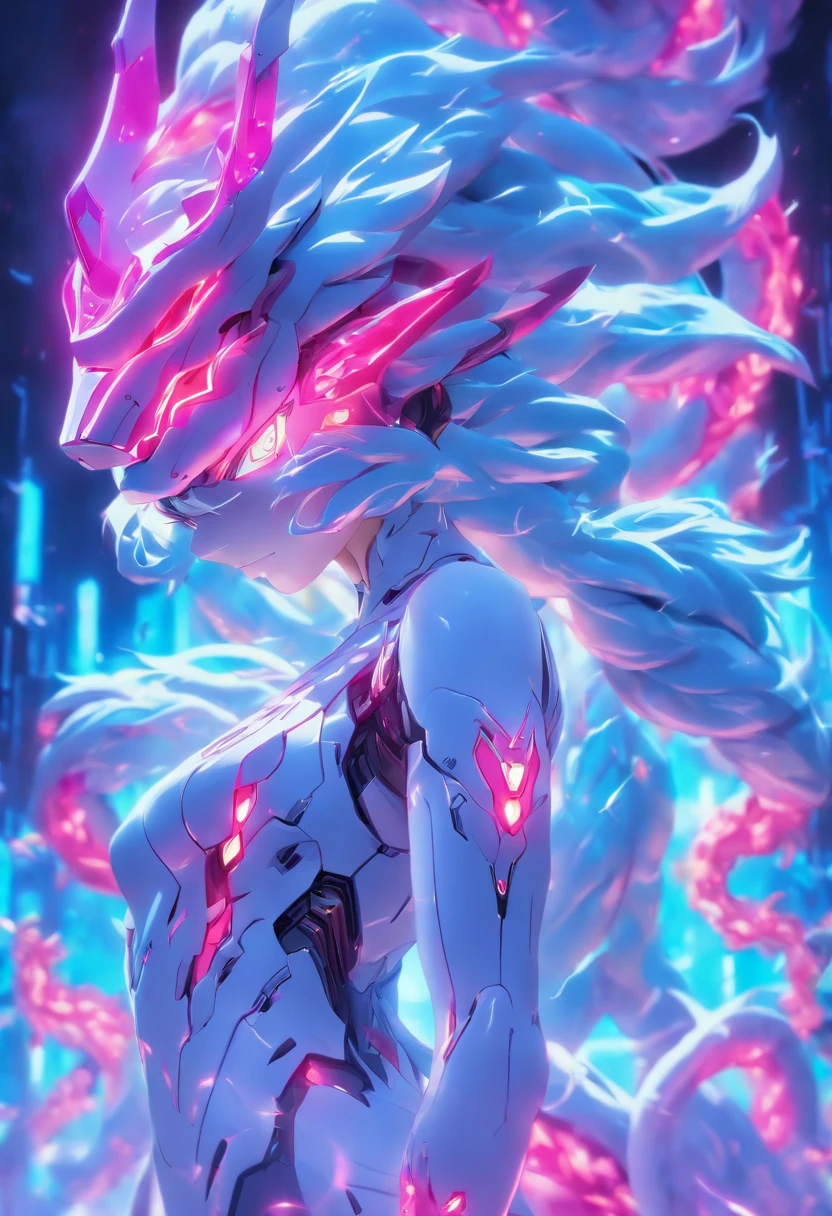 ChinesischDrache, (Blind Box Spielzeug Stil:1.2), (full-body shot) , 1 Transparent Girl,Hinter ihm steht ein durchsichtiger chinesischer Drache, Transparenter Mech, Exquisiter Helm:1.2, Leuchtende Brille:1.2, Cyberpunk, Dreamy glow, leuchtende Neonlichter, sauber, white background, ( Globale Beleuchtung, Rochen-Traching, HDR, Unwirkliches Rendern,Reasonable design, Hohe Detailgenauigkeit, Meisterwerk, best quality, hyper HD, Filmische Beleuchtung)