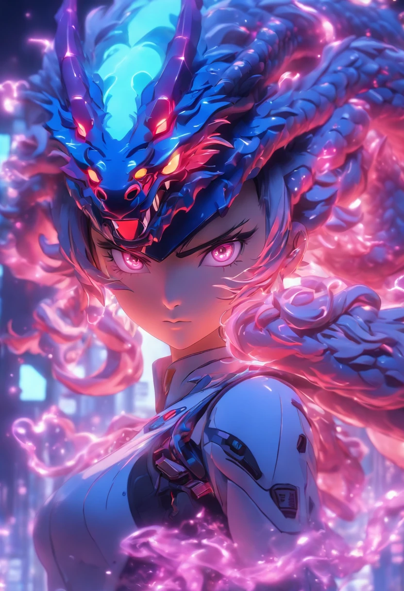 ChinesischDrache, (Blind Box Spielzeug Stil:1.2), (full-body shot) , 1 Transparent Girl,Hinter ihm steht ein durchsichtiger chinesischer Drache, Transparenter Mech, Exquisiter Helm:1.2, Leuchtende Brille:1.2, Cyberpunk, Dreamy glow, leuchtende Neonlichter, sauber, white background, ( Globale Beleuchtung, Rochen-Traching, HDR, Unwirkliches Rendern,Reasonable design, Hohe Detailgenauigkeit, Meisterwerk, best quality, hyper HD, Filmische Beleuchtung)