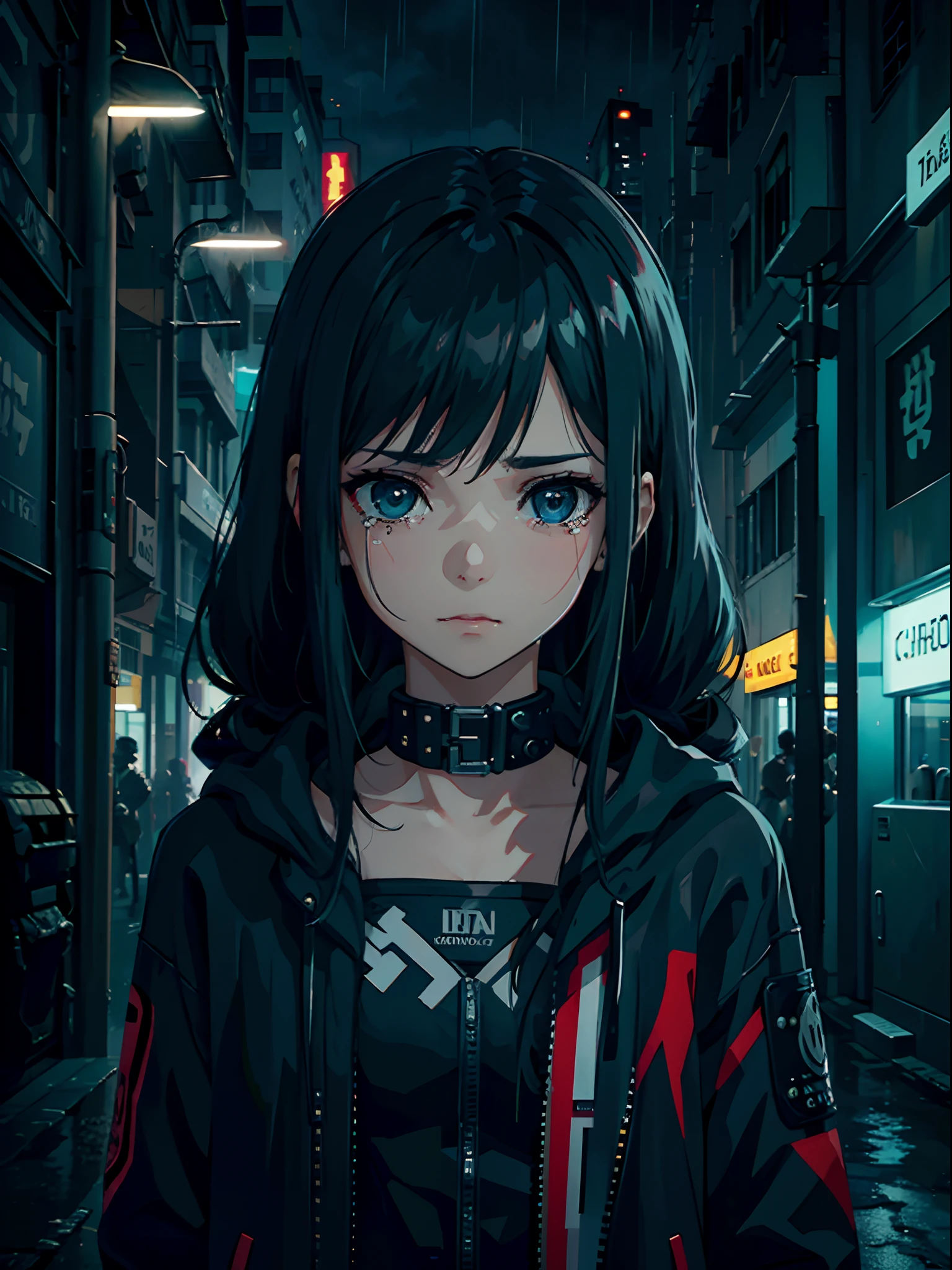 cyberpunk menina triste,chorar,darkeness,Rain sky,。.。.。.。.。.。.。.。.。.。.。.。.。.。.。.。.。.。.。.。.。.。.。.。.....3d,Upscale,Hard disk,Loira Curta,is crying,de costas viradas, cabelo curto preto e encaracolado