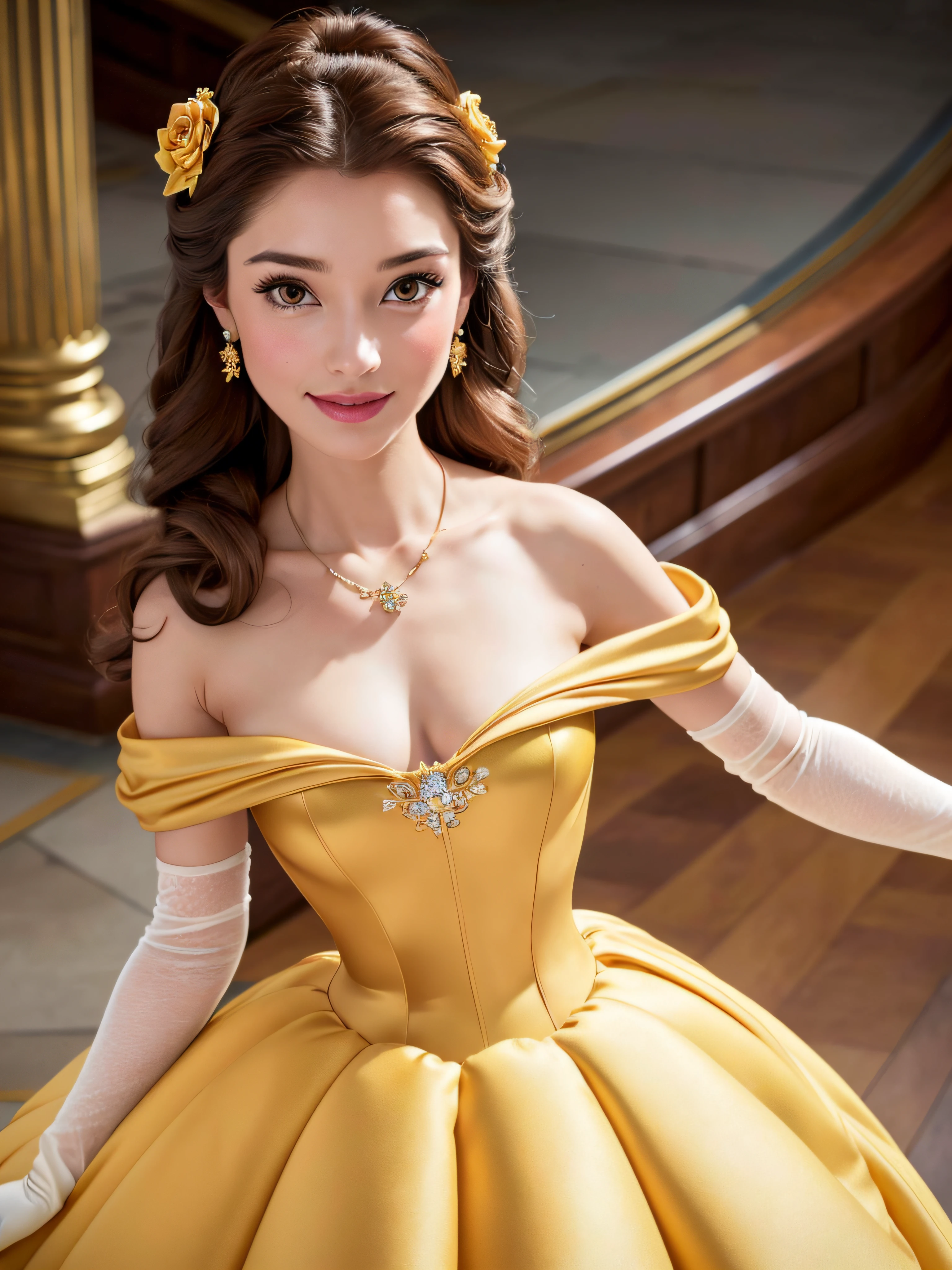 belle, 1girl, solo, long hair, smile, brown hair, hair ornament, gloves, dress, bare shoulders, jewelry, flower, earrings, elbow gloves, hair flower, necklace, rose, hand fan, stairs (masterpiece:1.2), (best quality), (ultra detailed), (8k, 4k, intricate),(full-body-shot:1), (highly detailed:1.2),(detailed face:1.2), (detailed background),detailed landscape, (dynamic angle:1.2), (dynamic pose:1.2),