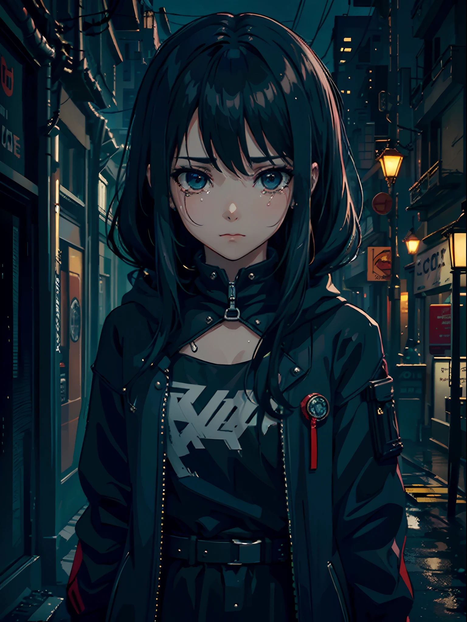 cyberpunk menina triste,chorar,darkeness,Rain sky,。.。.。.。.。.。.。.。.。.。.。.。.。.。.。.。.。.。.。.。.。.。.。.。.....3d,Upscale,Hard disk,Loira Curta,is crying,de costas viradas, cabelo curto preto e encaracolado