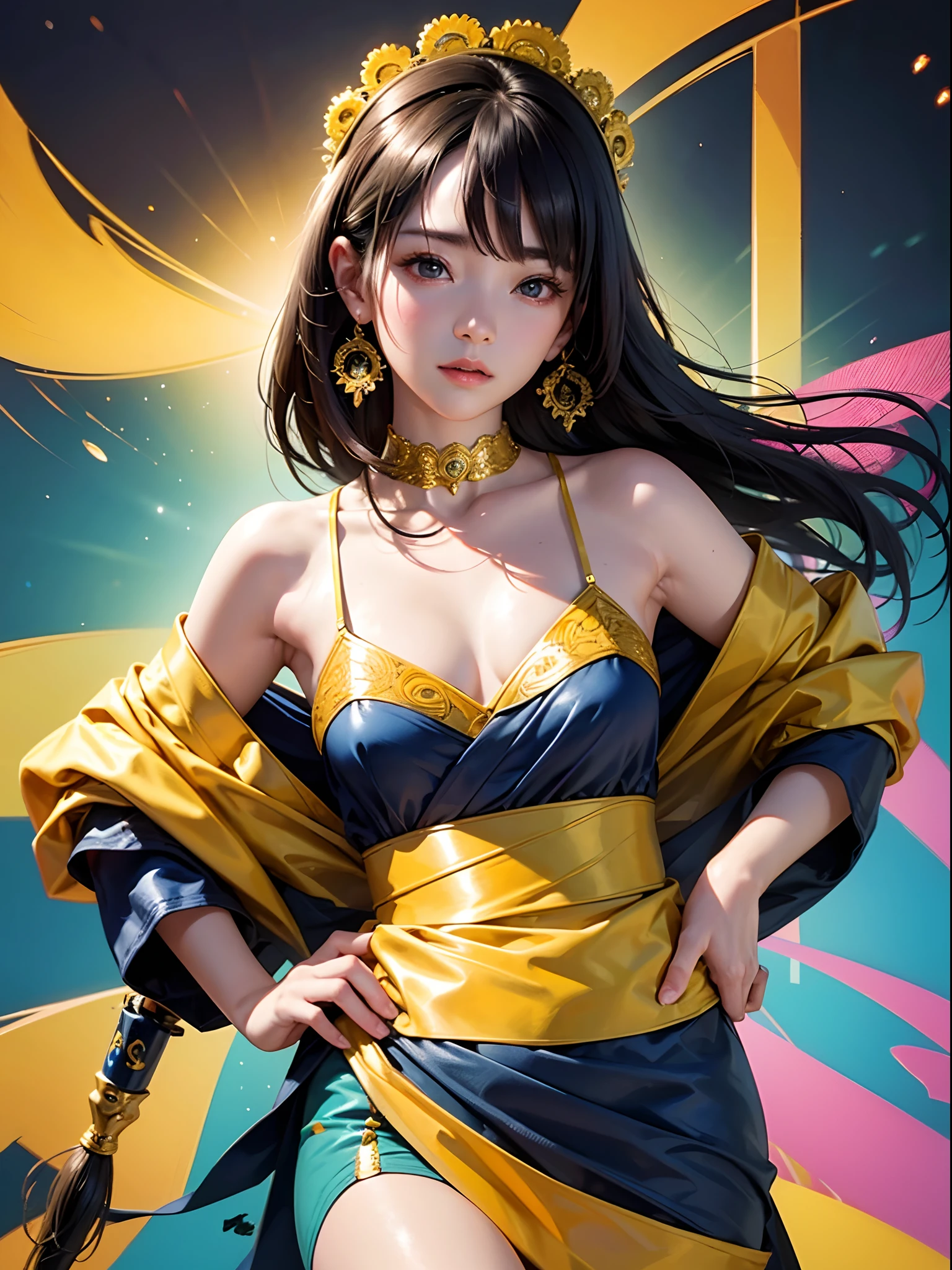 (in 8K. HDR.Hyper-Realism、Masterpiece 1.4、Live Photo 1.4, Best quality1.4, Ultra Detailed 1.4、masterpiece:1.4、Insanely detailed、Perfect Shading、Solo Photography、canonEOS.50mm Lens、full body photographed)(((Indian Sarees、Colorful national costume.full body picture 1.5)))(((Japan Female, 18year old、Small face 1.4、Sleepy face、long、straight haired、Bangs on the forehead、A dark-haired、Five Fingers.)))、(small tit、small tits、muscular body、 s、Beautiful skin shining with sweat、Detailed skin with visible pores、extremely detailed and beautiful face、de pele branca、Detailed skin)、(colorful backdrop、multicolored background、primary colours)