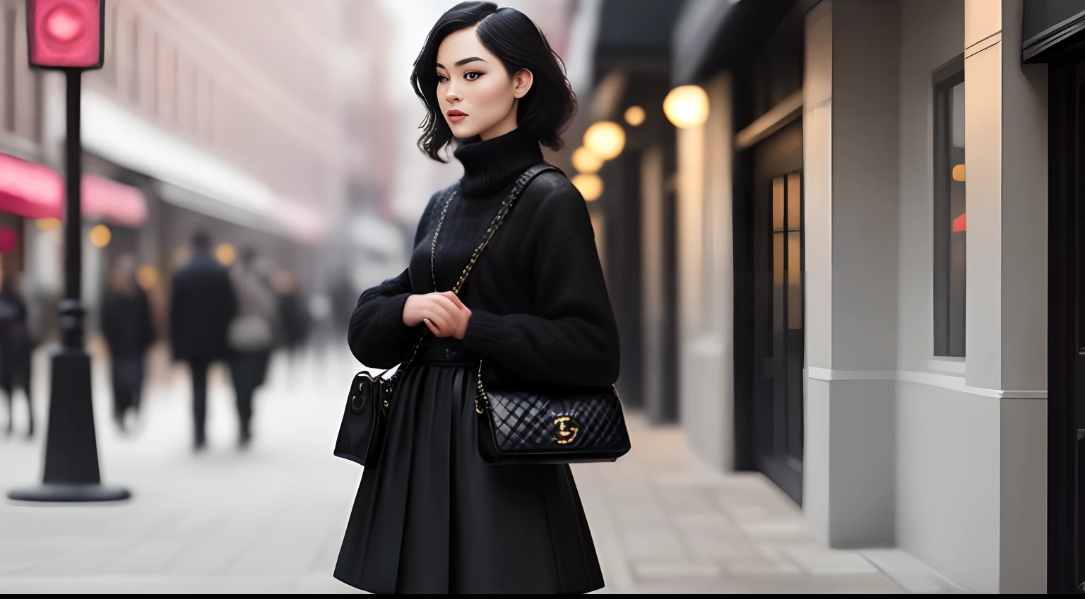 picture most stereotypical Chanel flap bag classic owner standing with a bag, very detailed, super perfect lighting, hair details, face details, outfit, stereotypical girl that would own the bag, picture the owner with the bag, standing on the street, with a very stereotypical outfit she would wear paired with this bag, make her face and make up detailed, stereotypical hair for that girl, photography quality, photorealistic, full height, head to toe, black channel medium flap bag,