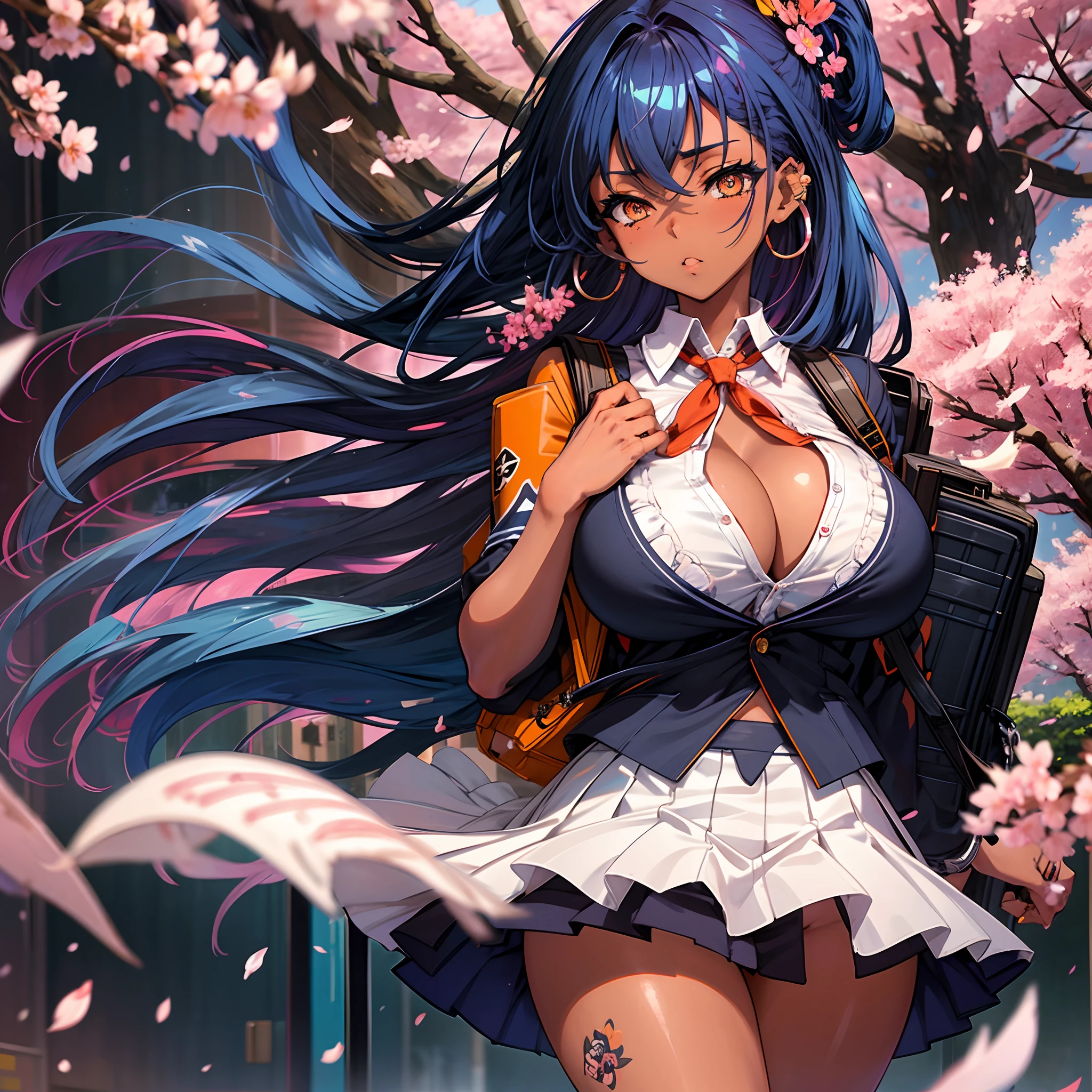 The most beautiful and sexy school girl, blue hair, orange eyes, dark skin, huge gigantic tits, cleavage showing, wearing highly detailed and sexy school uniform and backpack, tons of tattoos and piercings, school campus, cherry blossoms blowing in the wind, highly detailed background, perfect masterpiece, high quality, high resolution