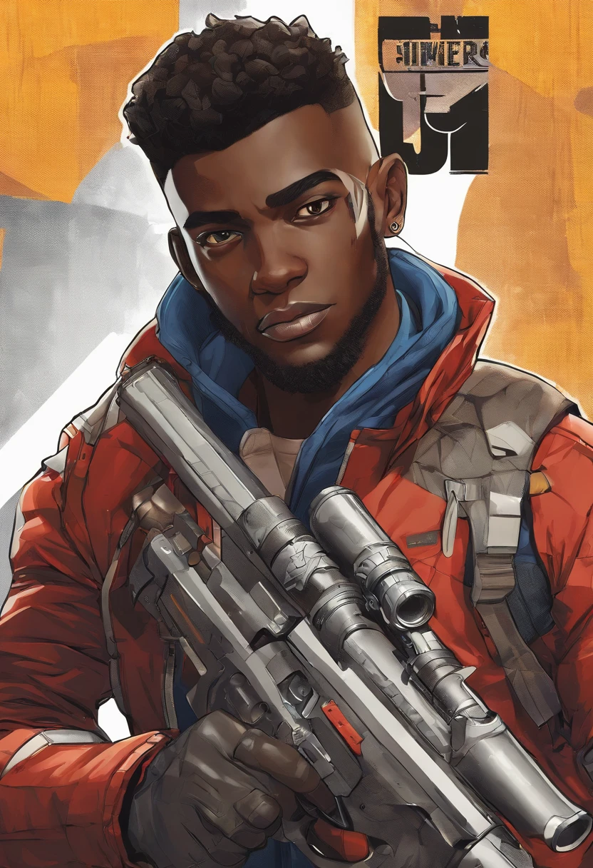 a close up of a dark skin ager holding an sniper rifle, a blue and white jacket with the number 49 on the front, red gloves, dark grey pants and selver boots, a hulster which houses a pistol. African American character in Overwatch , dark yellow eyes, crew cut hairstyle, half body close-up shot, male character, single, spikey hair