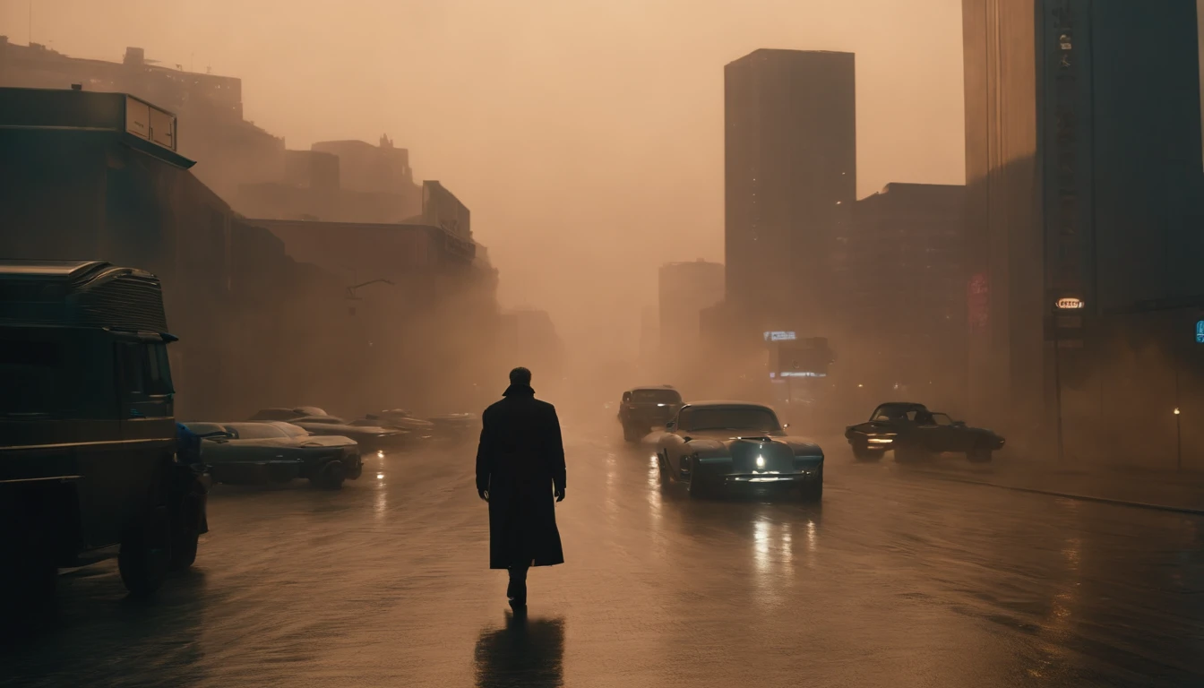 Um quadro fixo, paisagem urbana da cidade futurista do filme Blade Runner 2049. cinemactic. 8k. disco Rigido. alta qualidade.