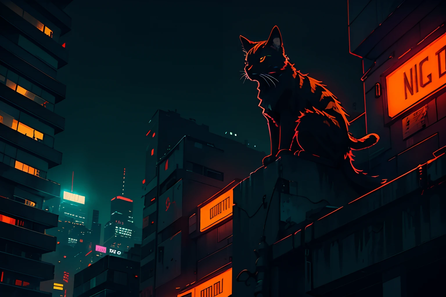 neon, cyberpunk, night, nocturnal, moon with strong light, Orange cat, on top of a building, on the edge of the building,