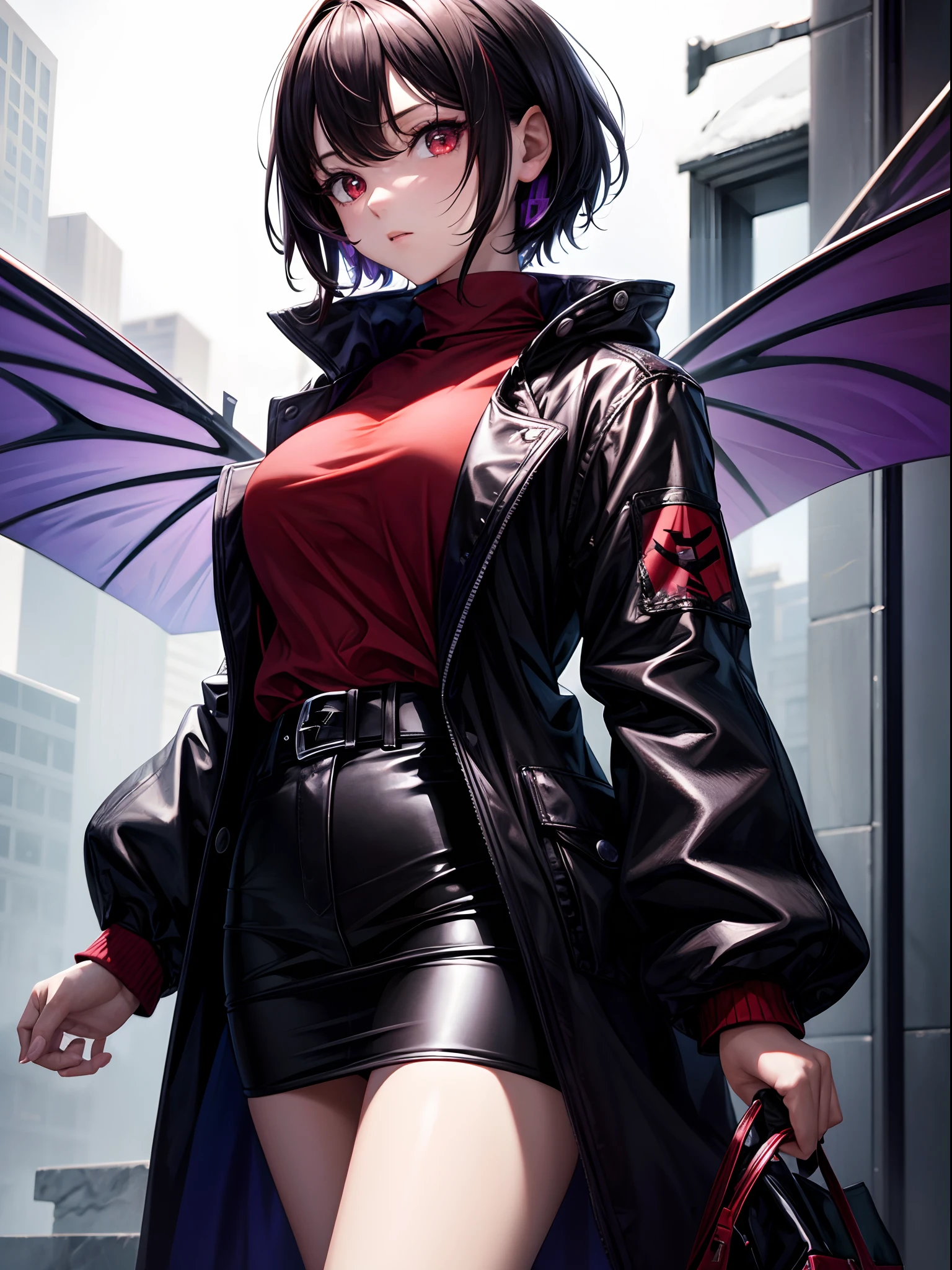 masterpiece, best quality, 8k, hi res, 1girl, insect girl, fly, black hair, short hair, red eyes, purple shirt, black coat, winter, stern look
