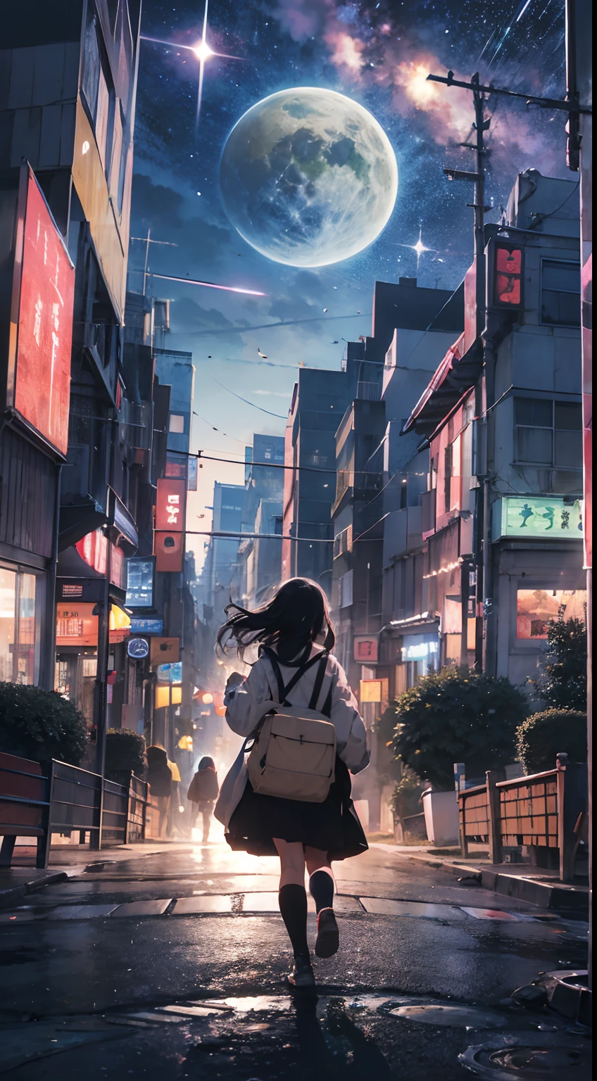 Panoramic view in the distance、Luz brilhante do neon、Uplighting、Lente olho de peixe、O Met、A dystopian city and apocalyptic oos、TÓQUIOcty、All hearts、Cyberpunk girl from Japan walking down the street、space sky、Illustration scene、Retratado em detalhes、Artistic illustration background art、Paisagens delicadas、papel de parede 4k、aprimoramentos de detalhes、Processamento de detalhes perfeito。