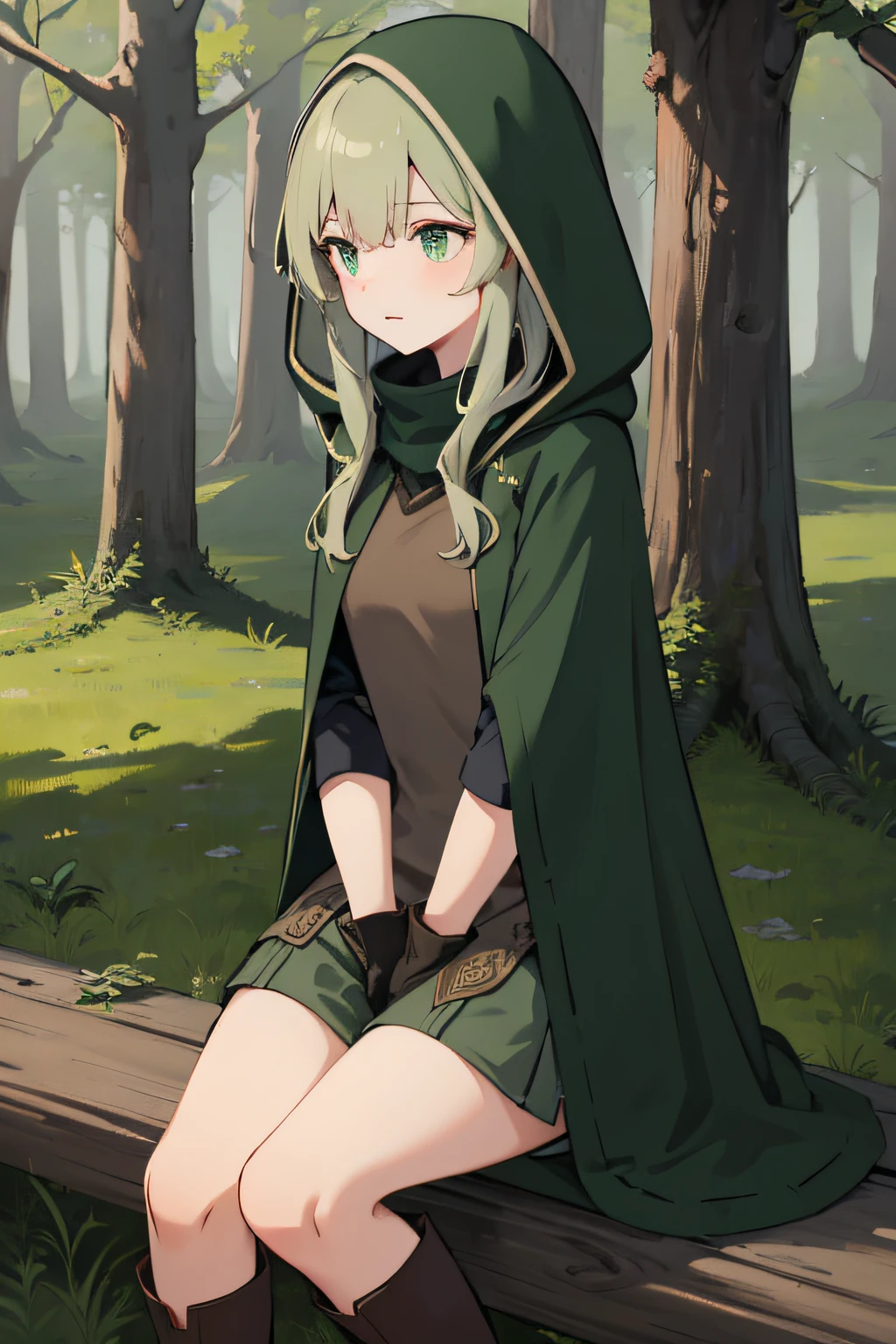 A girl elve.Color Palette: color palette is dominated by earthy tones. Moss green, rich brown, and earthy beige are the primary colors, with accents of vibrant emerald and soft forest gray, Clothes: set of ethereal forest-themed attire. A moss-green, sleeveless tunic adorned with intricate leaf patterns covers torso. Over it, a hooded cloak made from the leaves of mystical wear knee-high, leather boots with leaf motifs and fingerless gloves