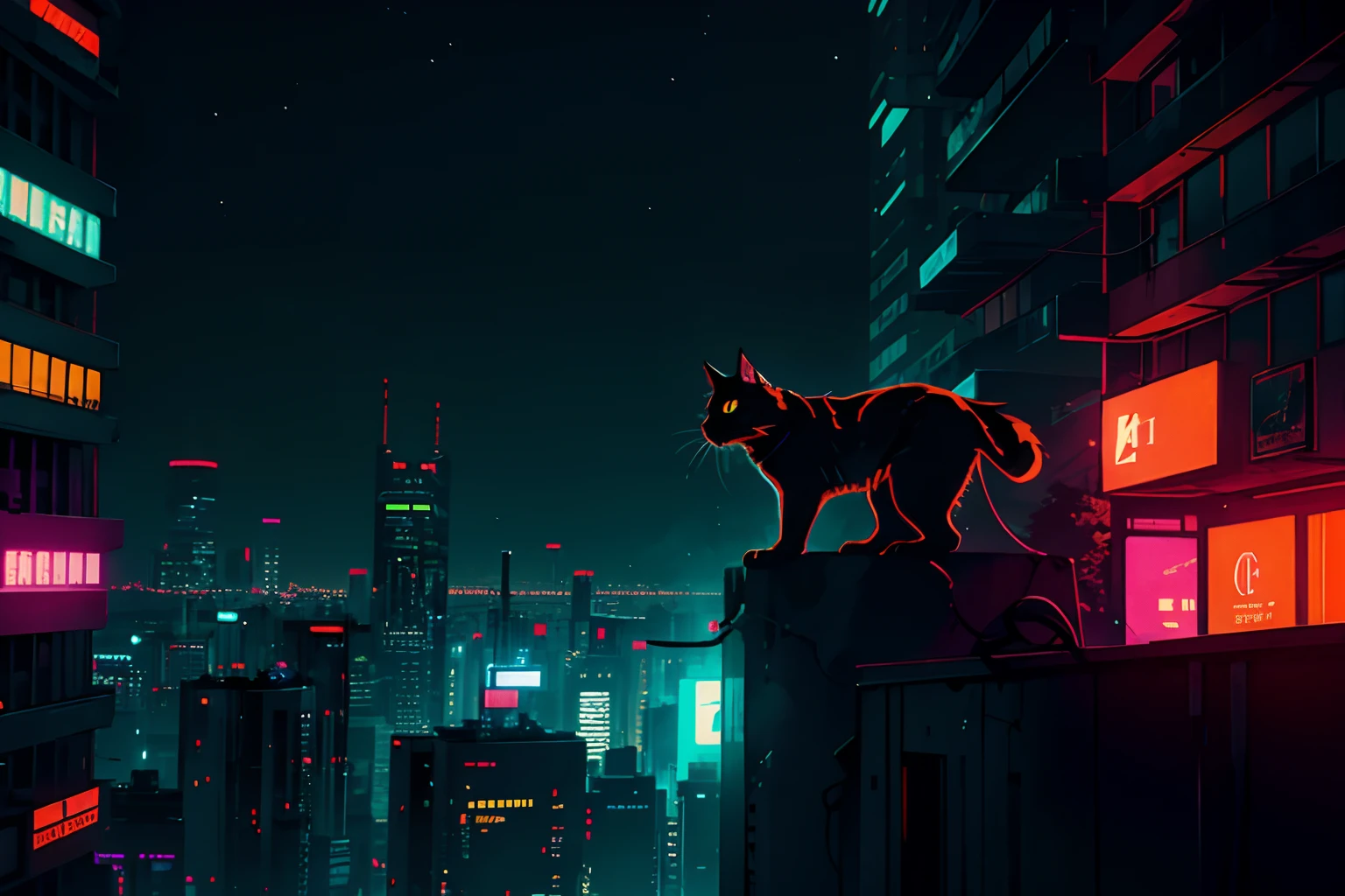 neon, cyberpunk, night, nocturnal, moon with strong light, Orange cat, on top of a building, on the edge of the building,