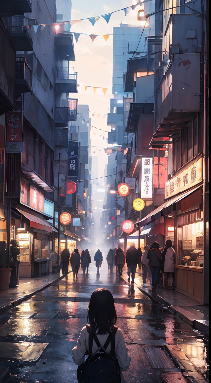 Panoramic view in the distance、Luz brilhante do neon、Uplighting、Lente olho de peixe、O Met、A dystopian city and apocalyptic oos、TÓQUIOcty、All hearts、Cyberpunk girl from Japan walking down the street、space sky、Illustration scene、Retratado em detalhes、Artistic illustration background art、Paisagens delicadas、papel de parede 4k、aprimoramentos de detalhes、Processamento de detalhes perfeito。
