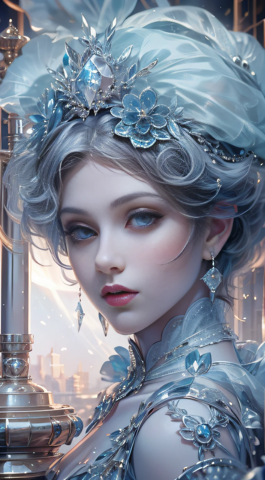 tmasterpiece,alta resolução,((Magic Orb)),Dynamic bust of the beautiful aristocratic maiden,Cabelo castanho castanho elegantemente enrolado,((Wearing a huge blue hat)),roxo olhos claros,The hair is covered with a beautiful and delicate floral craftsmanship, filigrana de joias de cristal,Detalhes ultra-detalhados,ampliado。