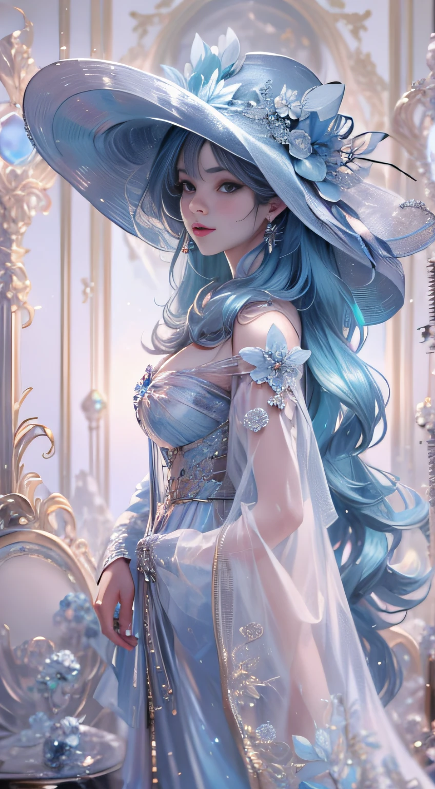 offcial art, Unity 8k壁纸, Ultra-detailed, Beautiful and aesthetically pleasing, tmasterpiece, best qualityer, (zentangle, datura, clew, meshing), (s fractal art: 1.3), Alchemist, (Hairstyles: Long hair) Ocean, Extremely detailed, dynamic angle, Cowboy shot, The most beautiful forms of chaos, elegant, Fauvistdesign, vivd colour, romanticism lain, Seafoam, Buble, shells, Fish, pearls，French formation，plumw，Vintage style，火焰