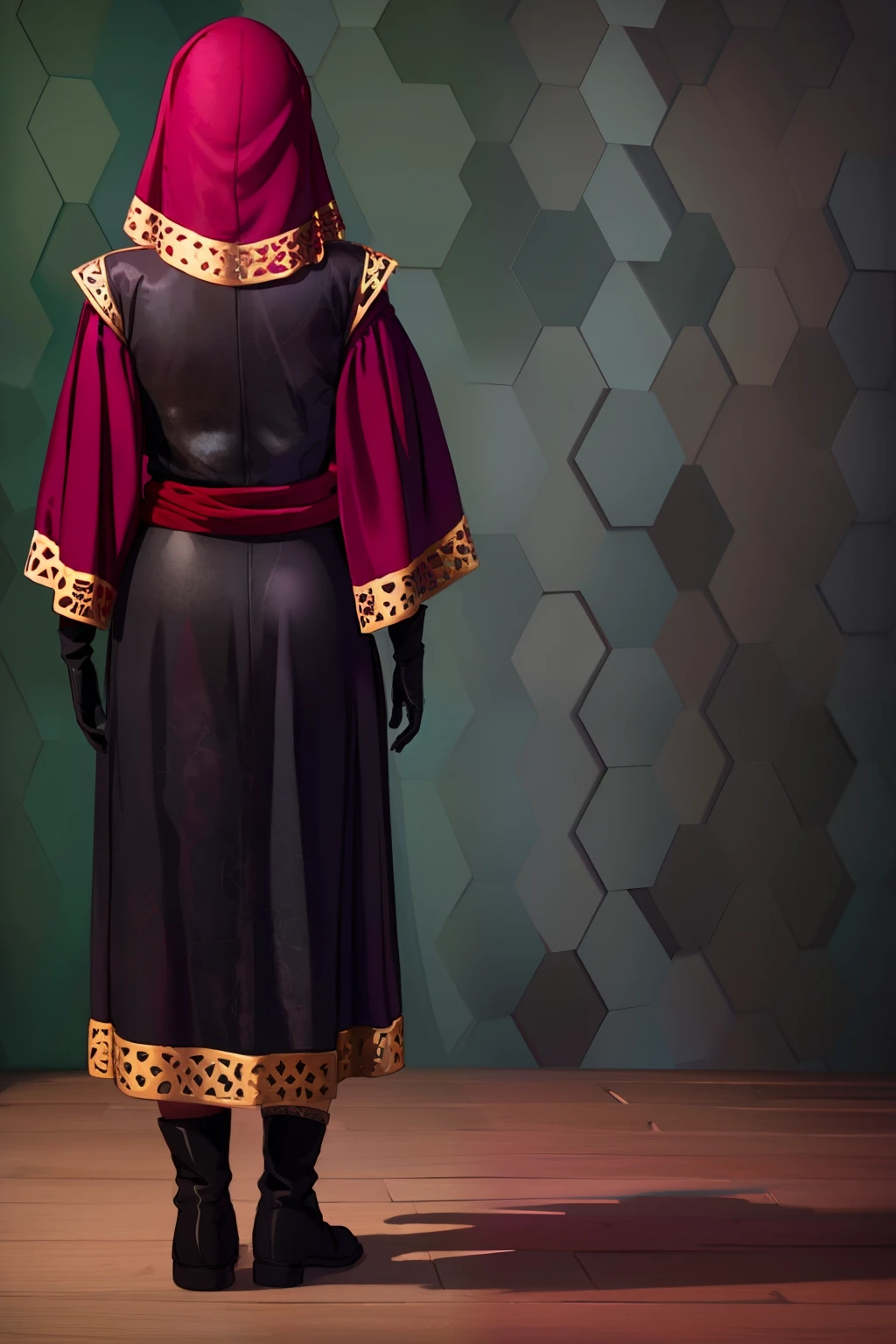 Visas Marr, Robe, Dress, Hood, Covered Eyees, Black Gloves, Black Footwear, Wallpaper, back of view, tucked sleeves