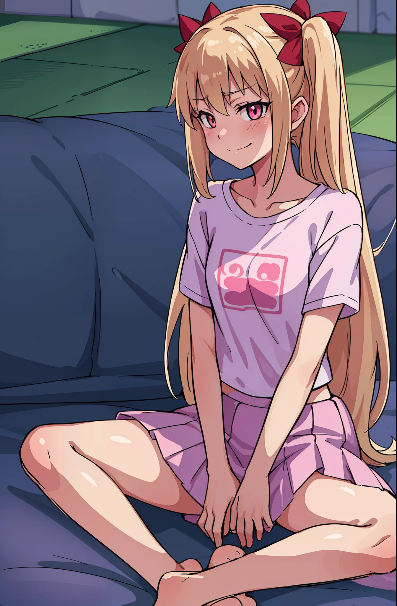 hiquality, tmasterpiece (One girl) blonde with ponytails. red bows. Pink T-shirt. pink skirt. bare feet. pink eyes. smirk