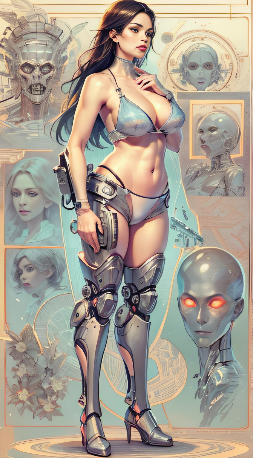 woman body defined thick thighs cybernetic body parts, short underwear, seios grandes, seios grandes, no-bra, no-bra, Sem topo, de baixo. Rosto feminino ciborgue.