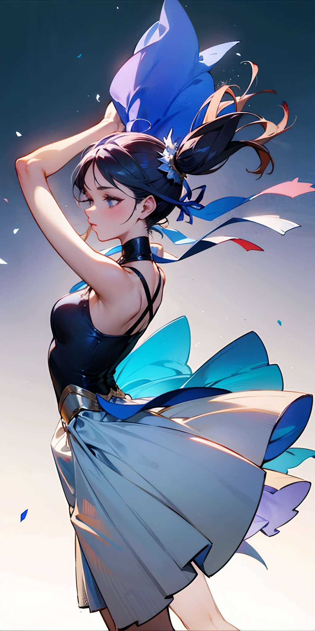 <lora:kisaki:1>1girl, solo, long hair, looking at viewer, smile, blue eyes, simple background, black hair, hair ornament, white background, dress, bare shoulders, sitting, purple eyes, ass, parted lips, barefoot, sleeveless, looking back, hair bun, from behind, black dress, double bun, sleeveless dress, back, wariza, chinese clothes, china dress, butterfly hair ornament