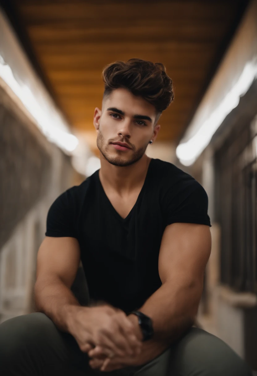 Homem branco jovem forte, com cabelos muito curtos e loiro muito claro dourado de etnia europeia. Ele deve estar em seu apartamento, de costas pra foto e sem camisa.